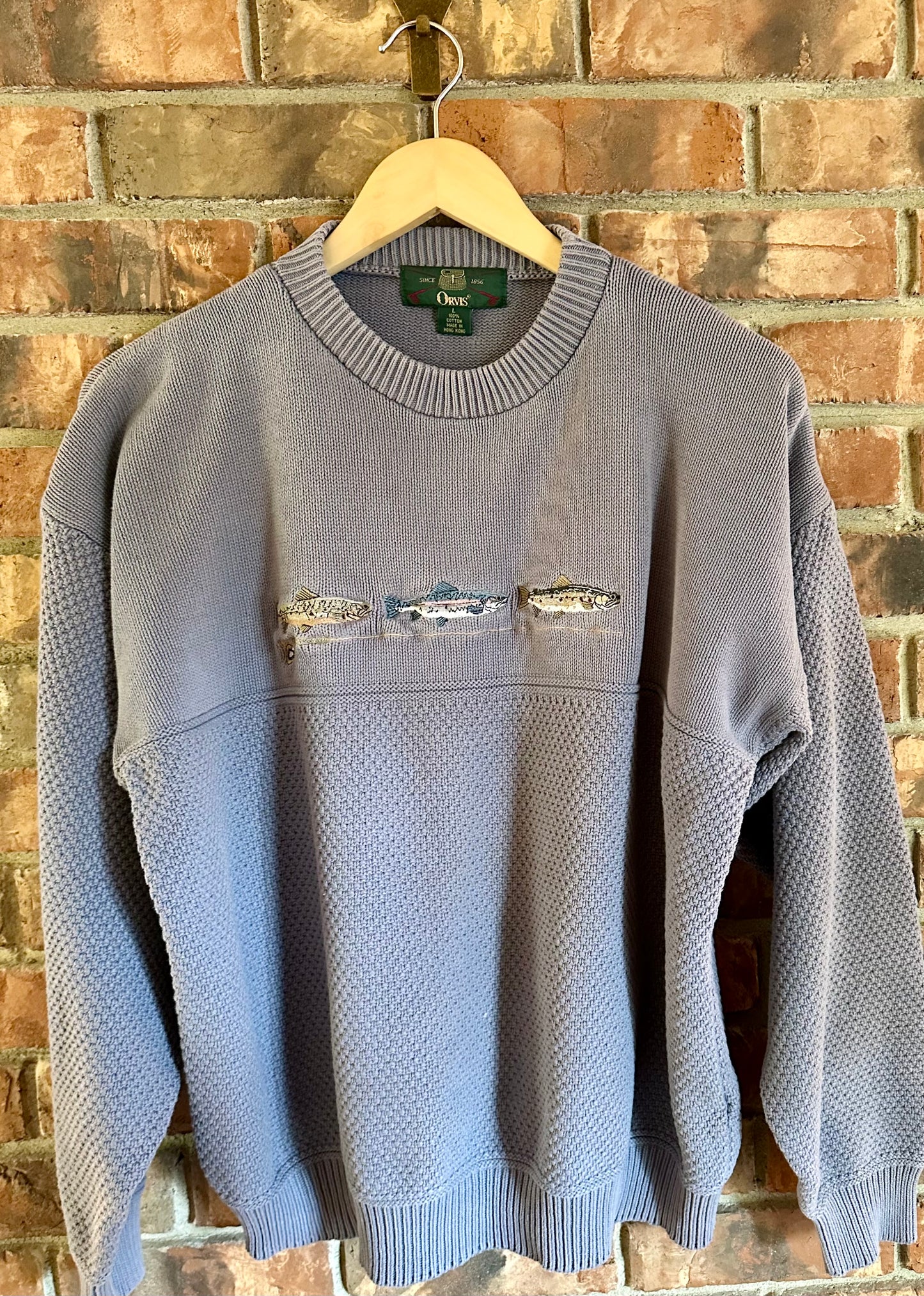 Vintage Orvis Sweater (L) Embroidered Trout and Fly Rod Light Blue