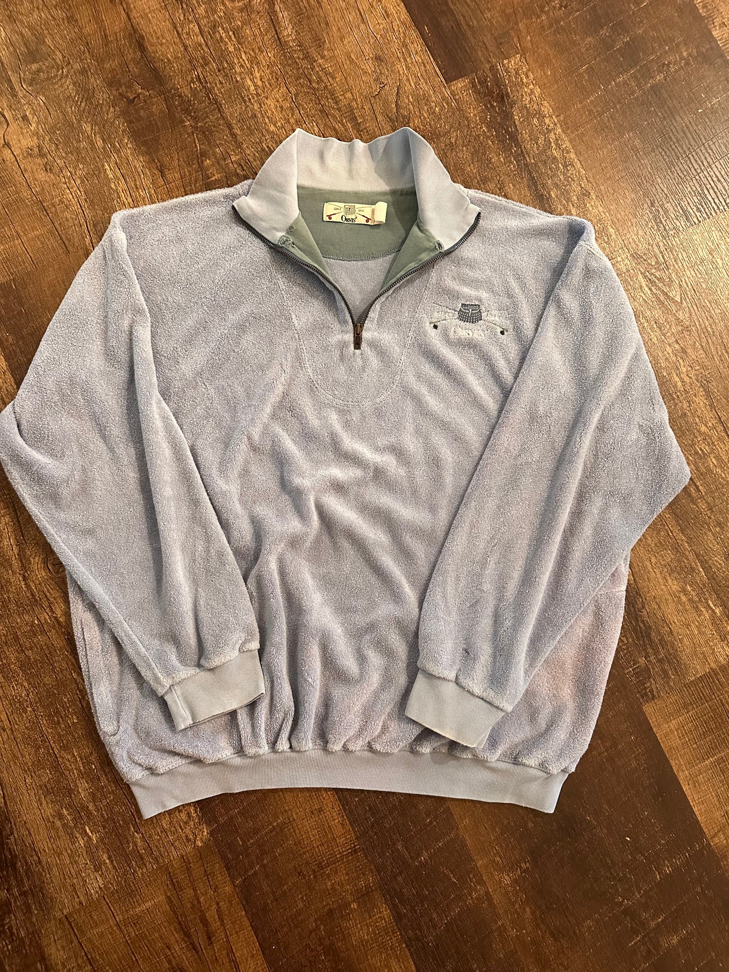 Vintage Orvis 1/4 Zip (XXL) Terry Cloth Embroidered Creel Rods Logo - Periwinkle