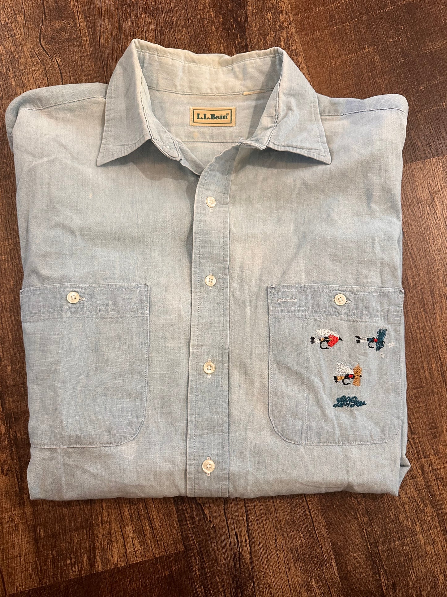 Vintage 80s LL Bean Chambray Shirt (XL) Embroidered Flies Logo