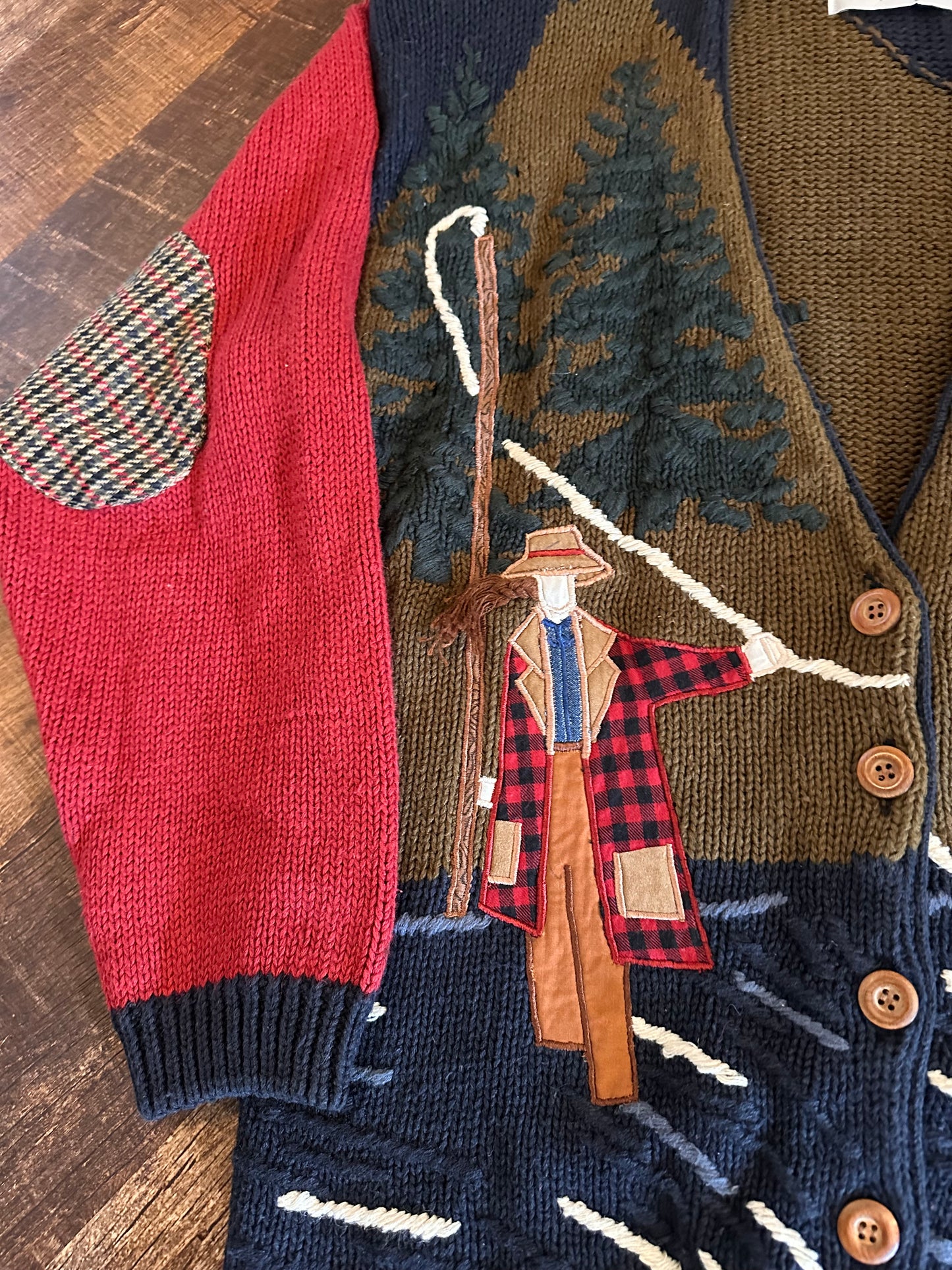 Vintage Sharon Young Knit Cardigan (M) Lady Angler Fishing Scene with Elbow Patches