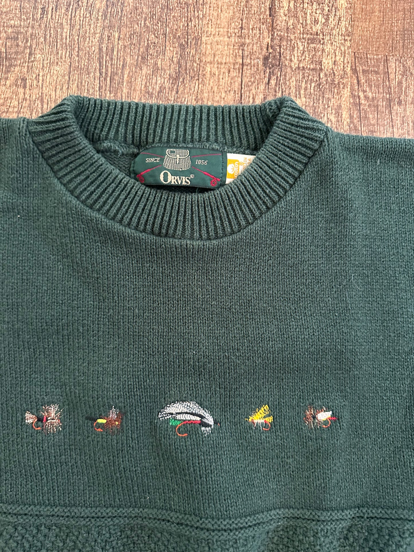 Vintage Orvis Crewneck Sweater (L) Embroidered Flies - Green