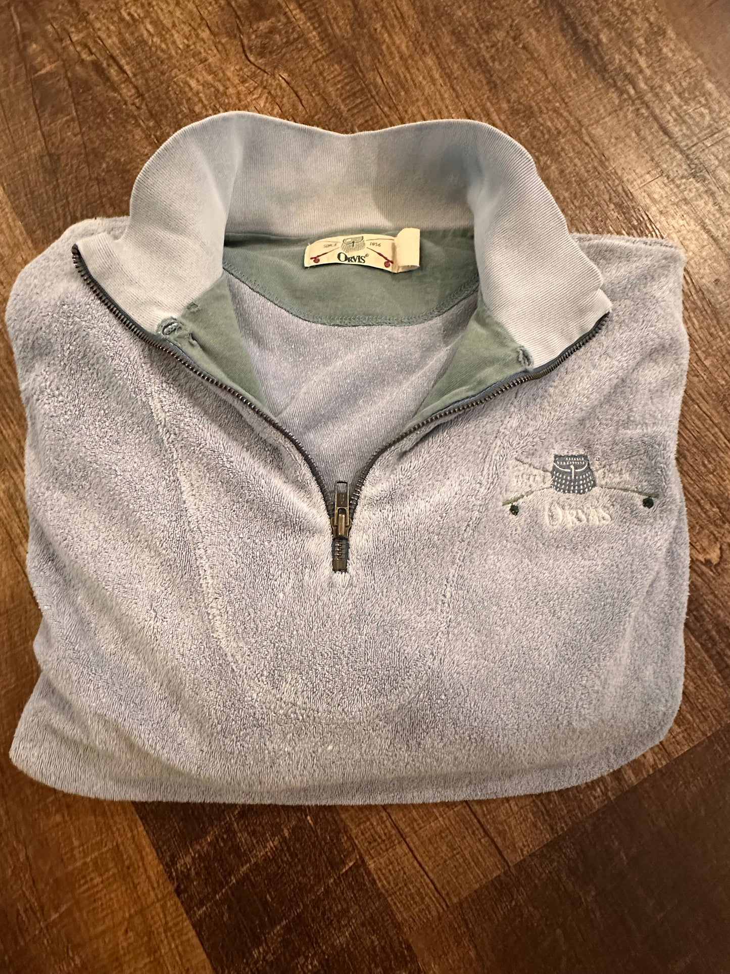 Vintage Orvis 1/4 Zip (XXL) Terry Cloth Embroidered Creel Rods Logo - Periwinkle