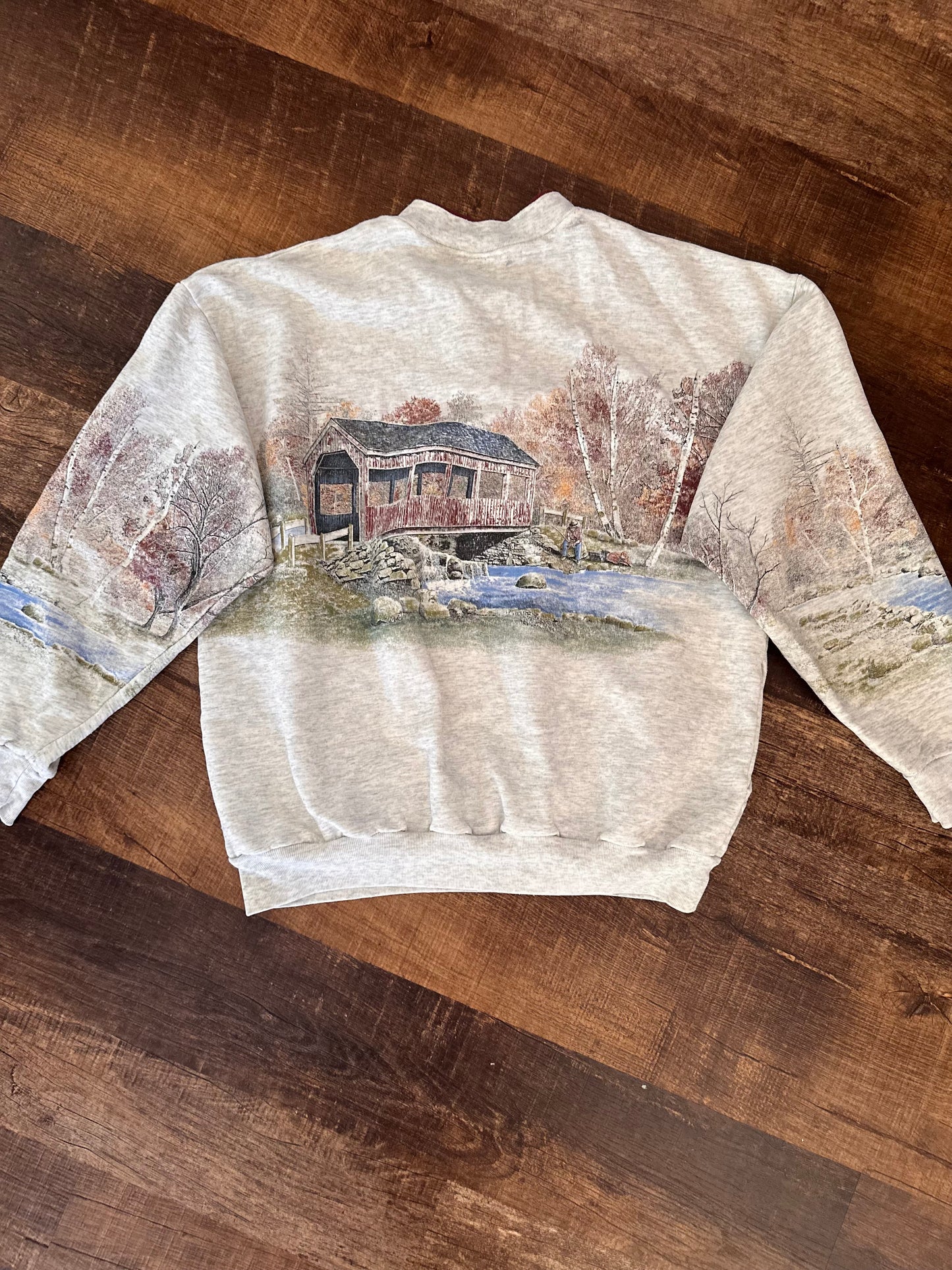 Vintage AU Art Unlimited Henley Crewneck (L) Bridge Fisherman Scene