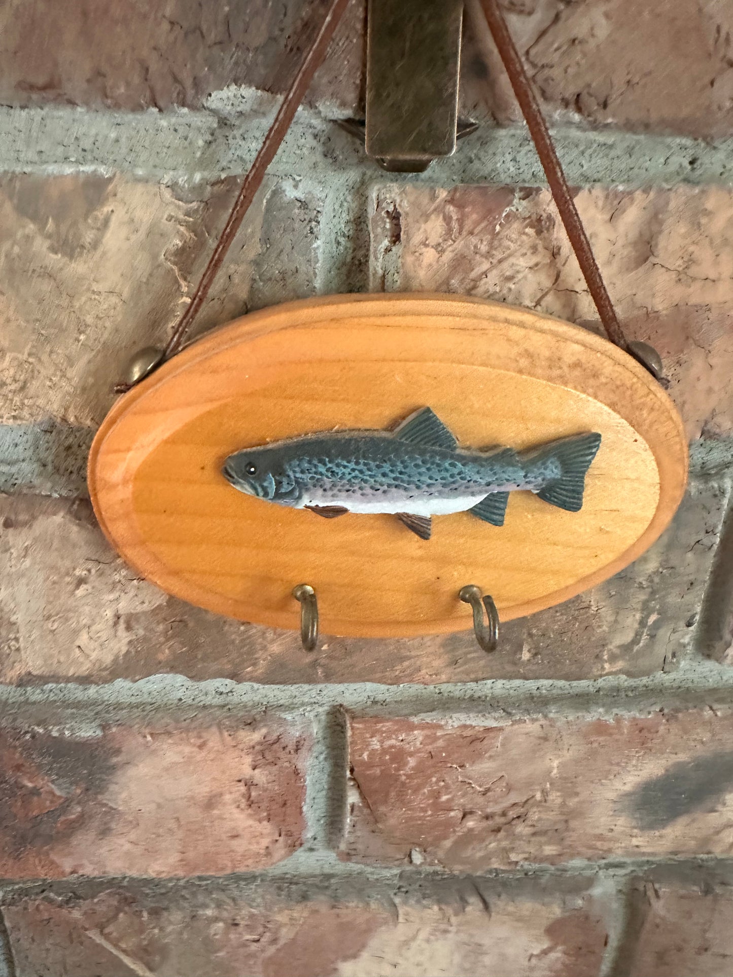 Vintage Rustic Handmade Plaque Wall Hang Trout with Key Hooks ‘98