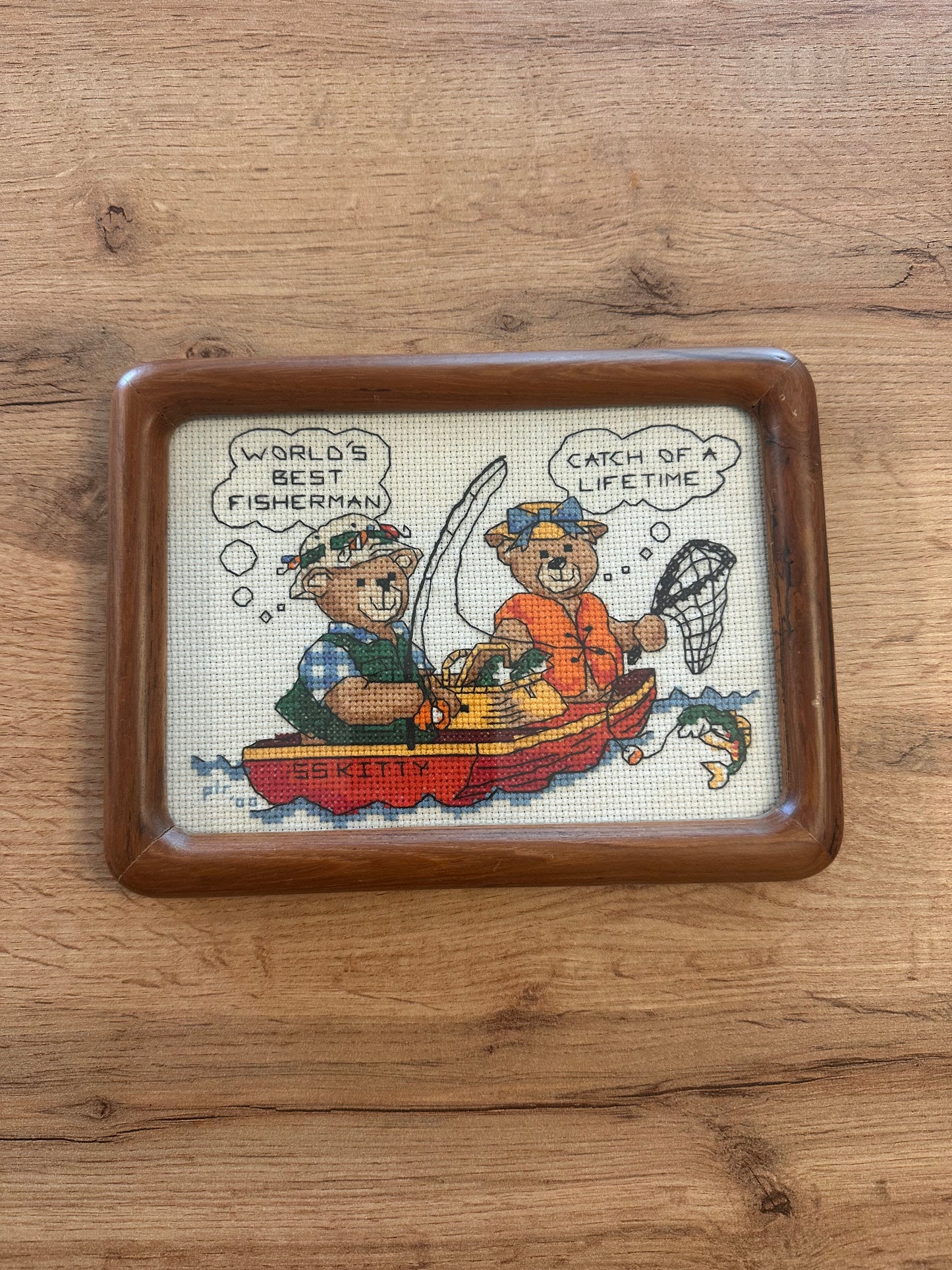 Vintage Framed Cross Stitch Fishing Couple Bears 8”x6”