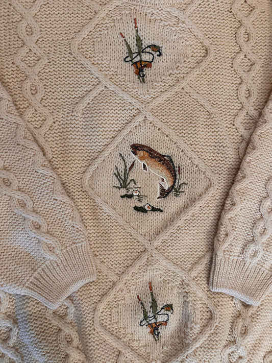Vintage ACORN Pure New Wool Sweater (M) Embroidered Trout