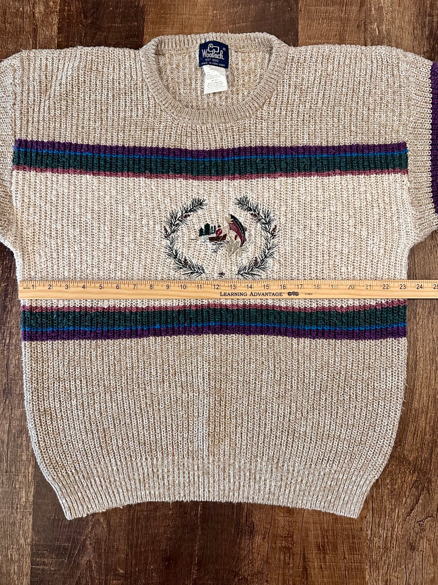 Vintage Woolrich Sweater (XL) Embroidered Drift Boat Trout Scene