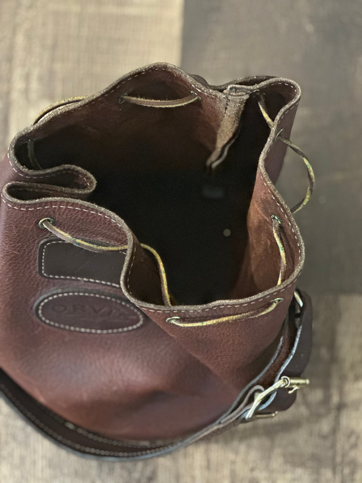 Vintage Brown Leather Bucket Bag with Gold Buckles & Accents