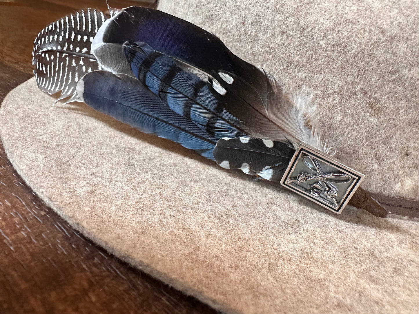 Hand Crafted Game Feathers Hat Pin with Silver Fly Rods and Lure Accent