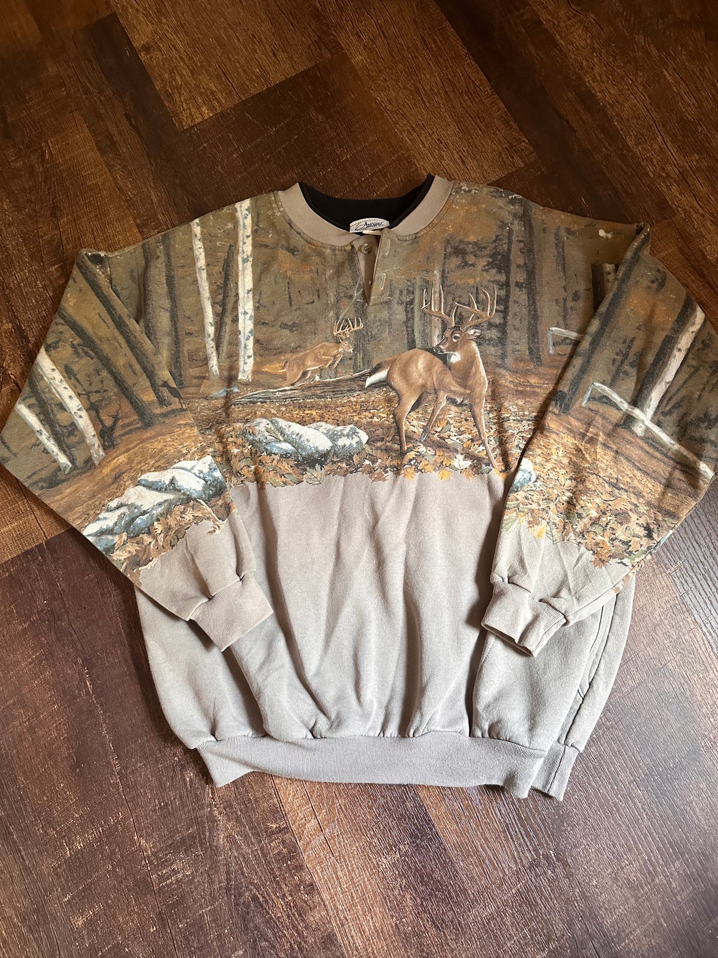 Vintage Art Unlimited Henley Sweatshirt (XL) Deer Print Scene