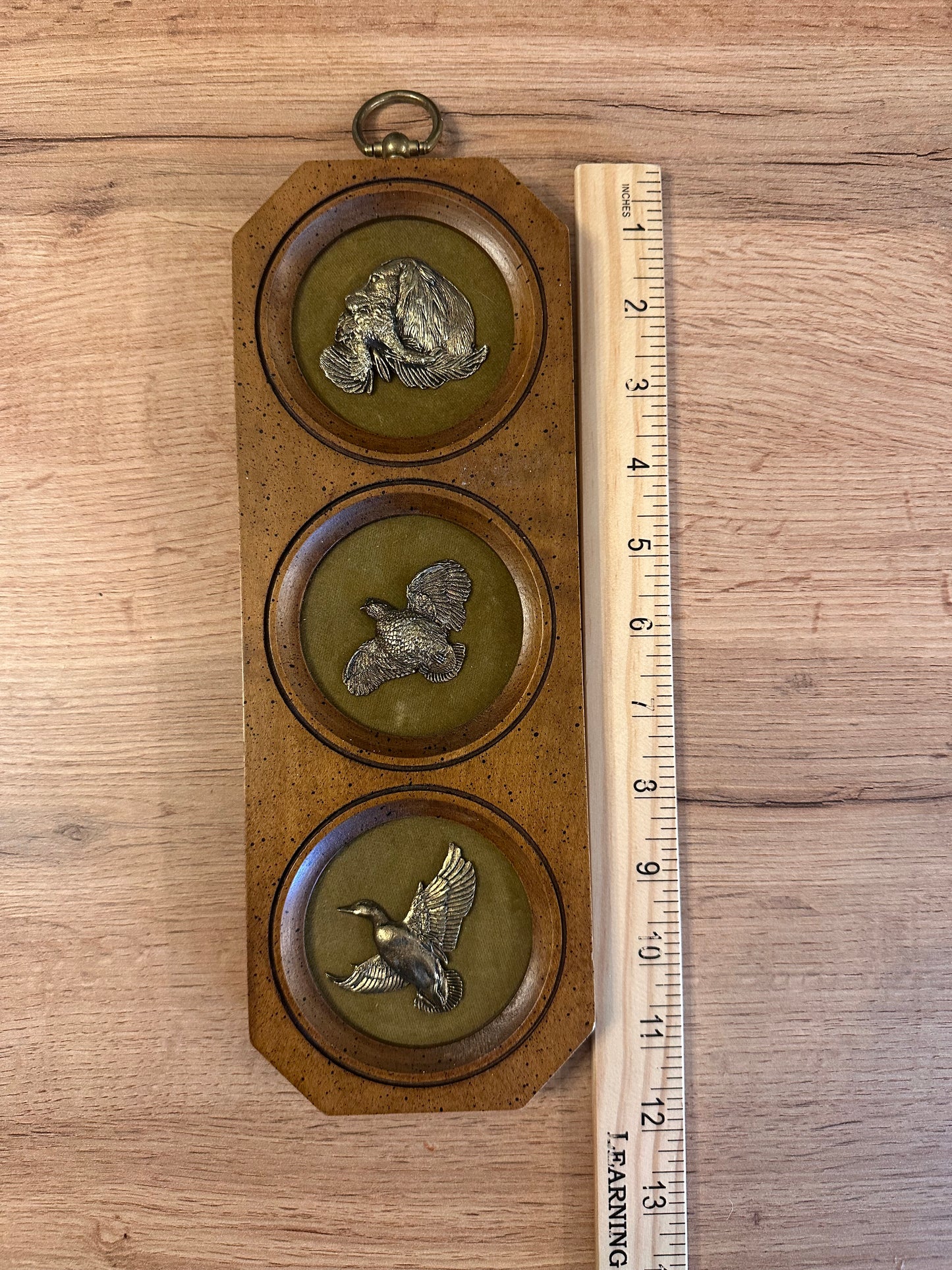 Vintage Wooden and Brass Wall Plaque Bird Hunting