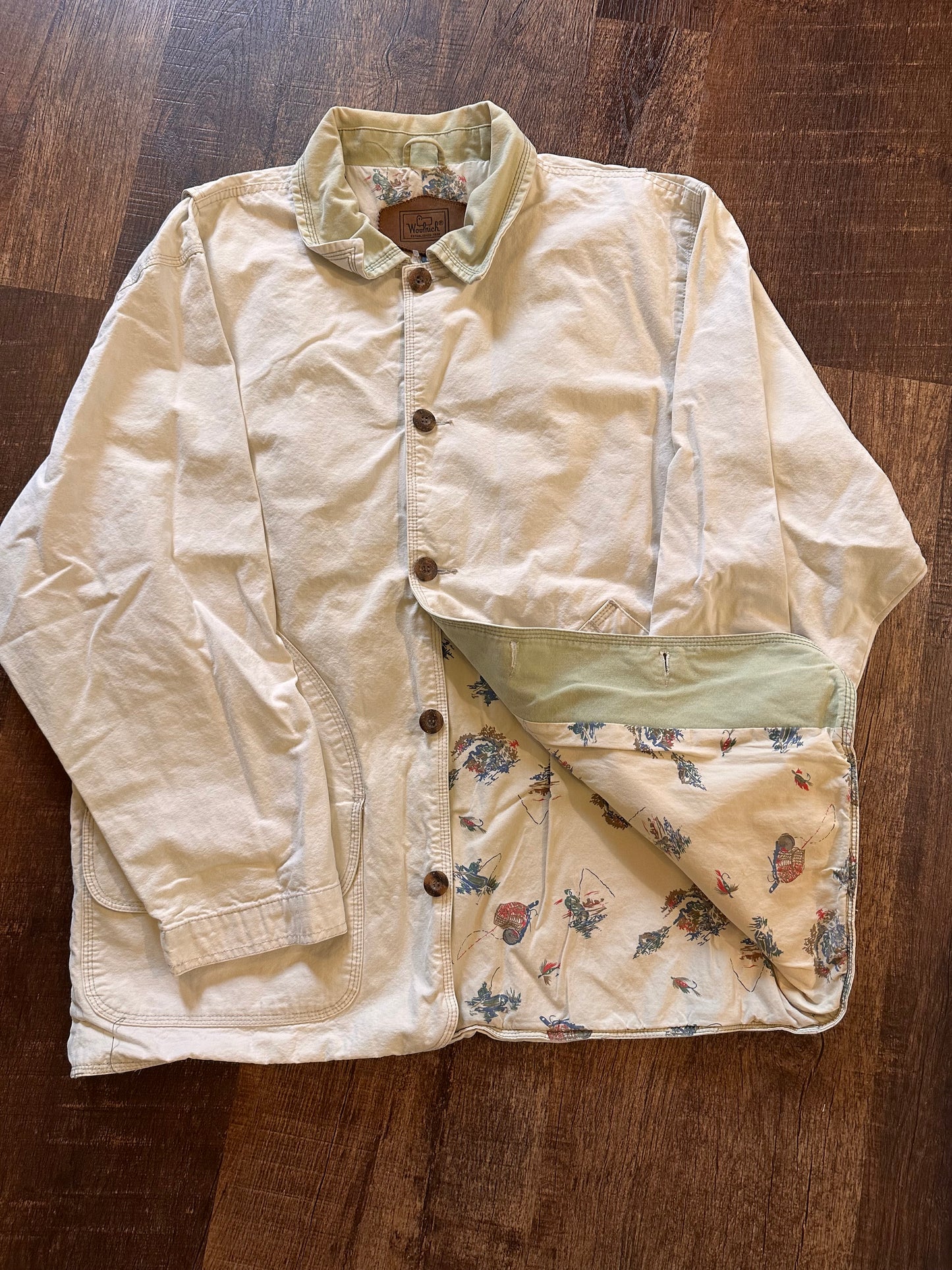 Vintage Woolrich Chore Coat (M) Fly Fishing Lining - Cream with Green Lining