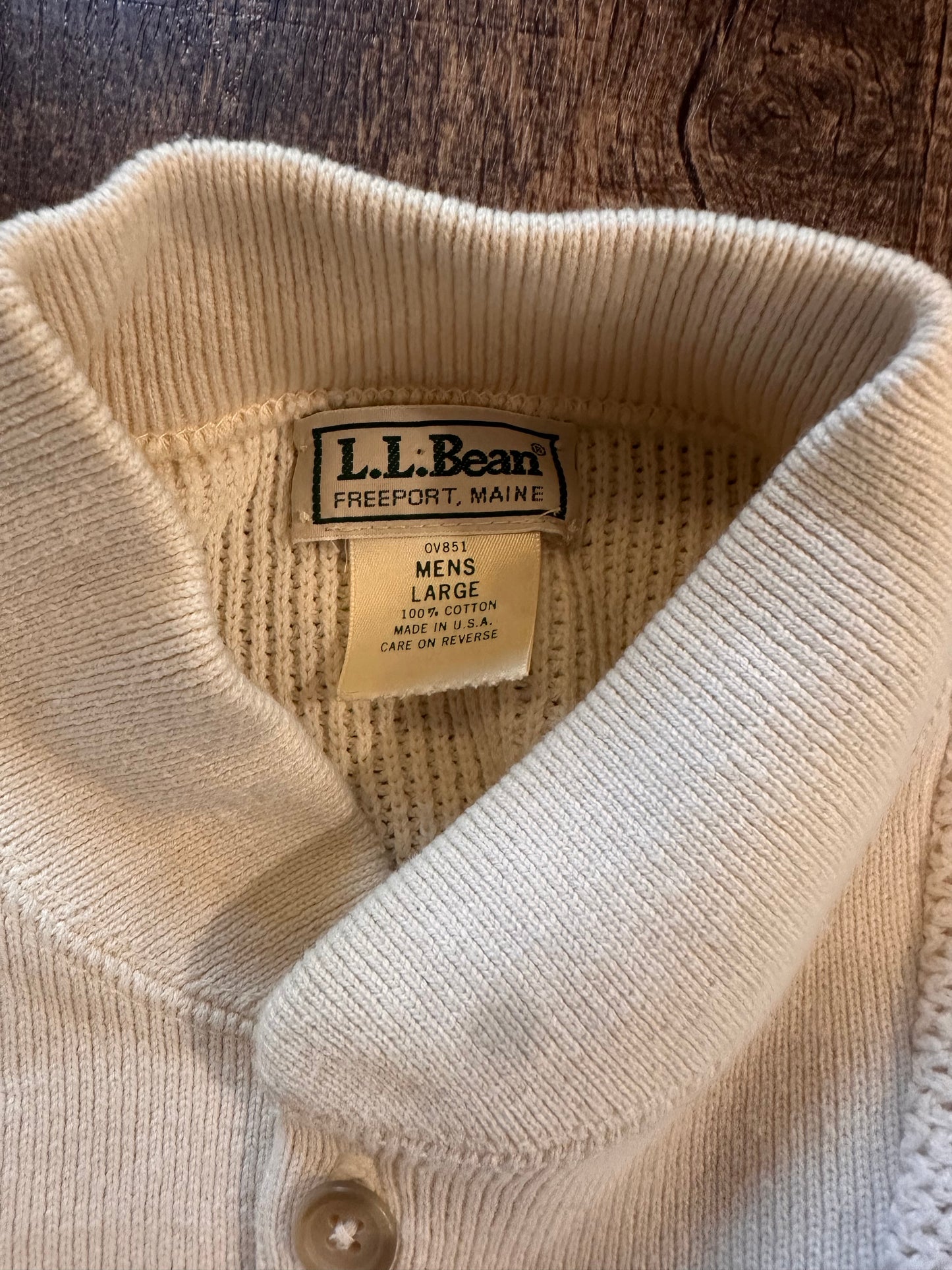 Vintage L.L. Bean Henley Sweater (L) Embroidered Trout Rod Logo - Cream white