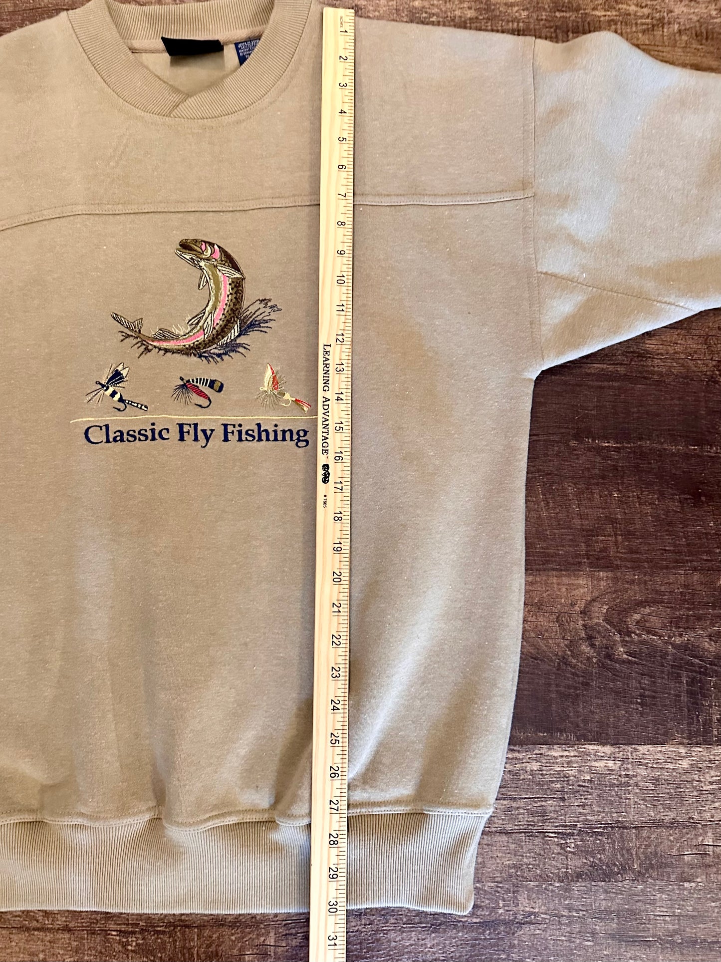 Vintage Crable Sportswear Sweatshirt (L) Embroidered Classic Fly Fishing Trout and Fly Beige