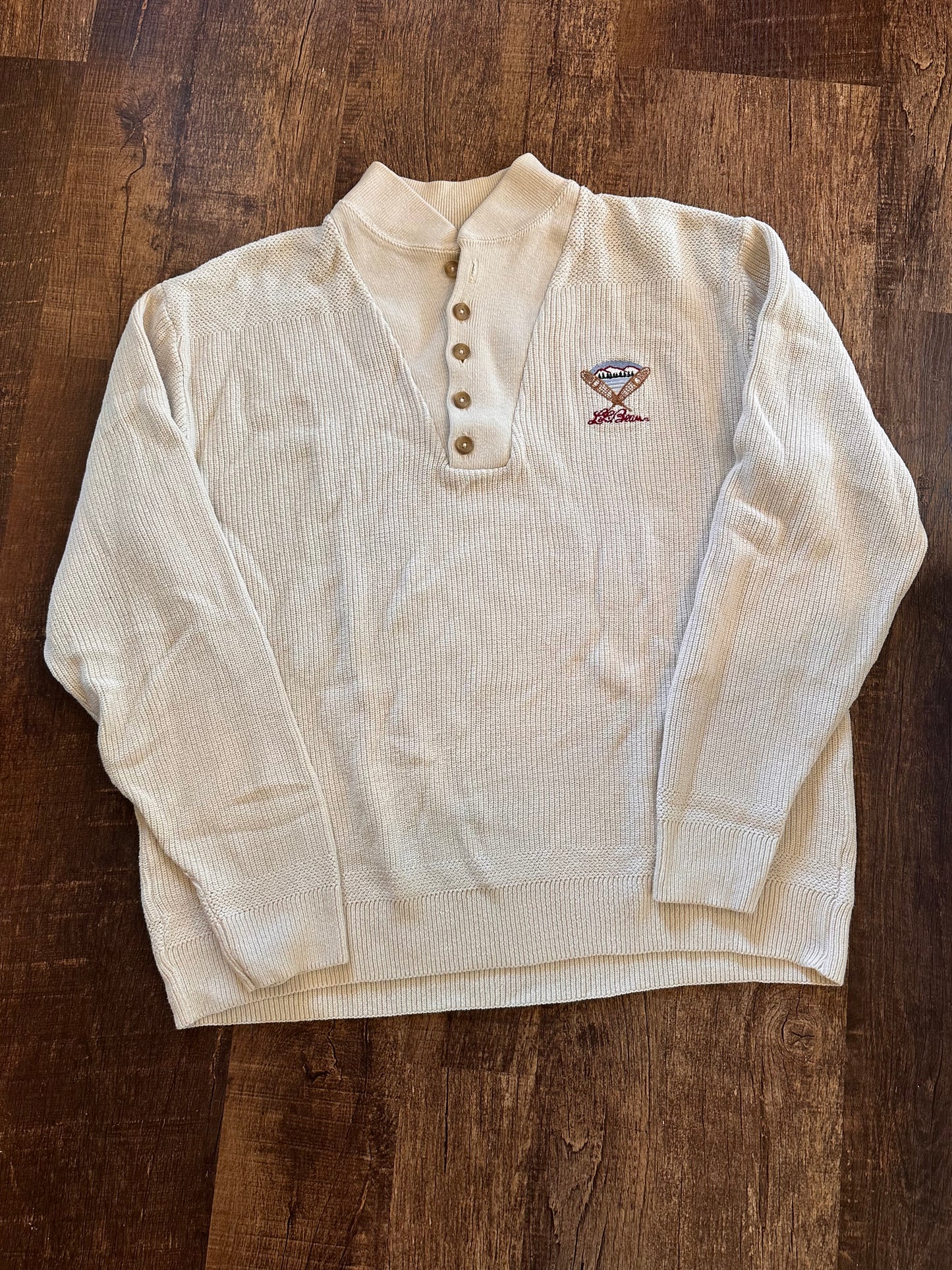 Vintage L.L. Bean Henley Sweater (XL) Embroidered Snowshoe Logo - Cream/White