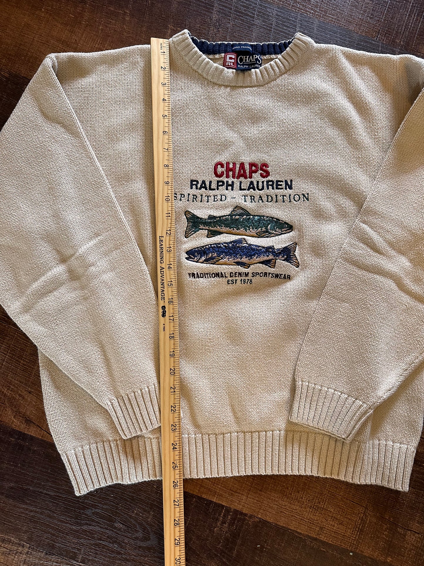 Vintage CHAPS RL Crewneck Sweater (L) Embroidered Spirited Tradition Trout - Cream