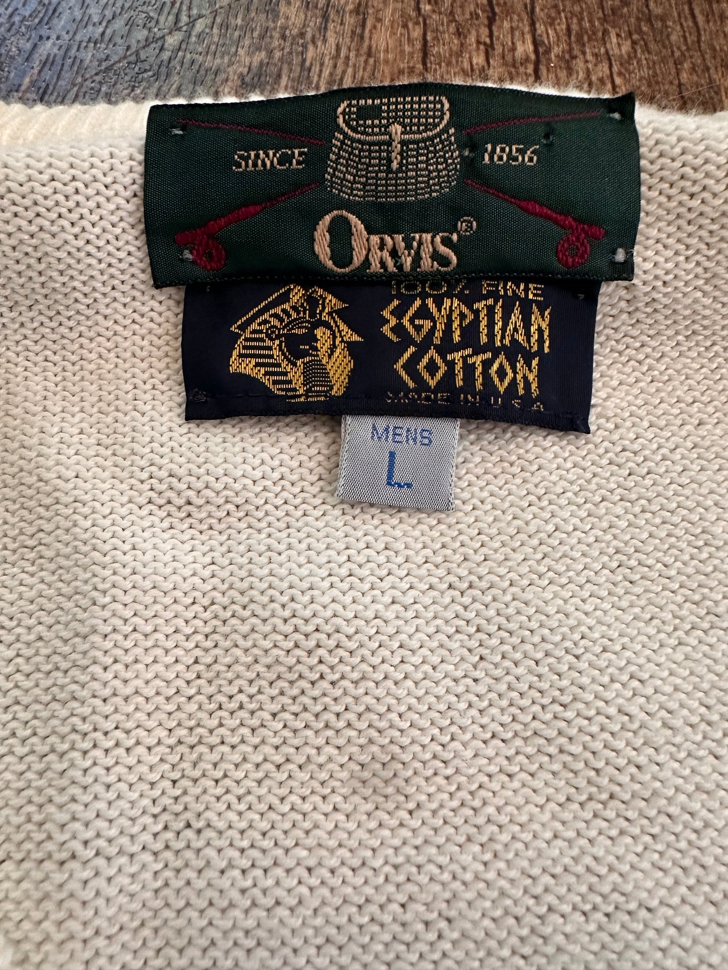 Vintage Orvis V-neck Sweater (L) Embroidered Trout - Cream White
