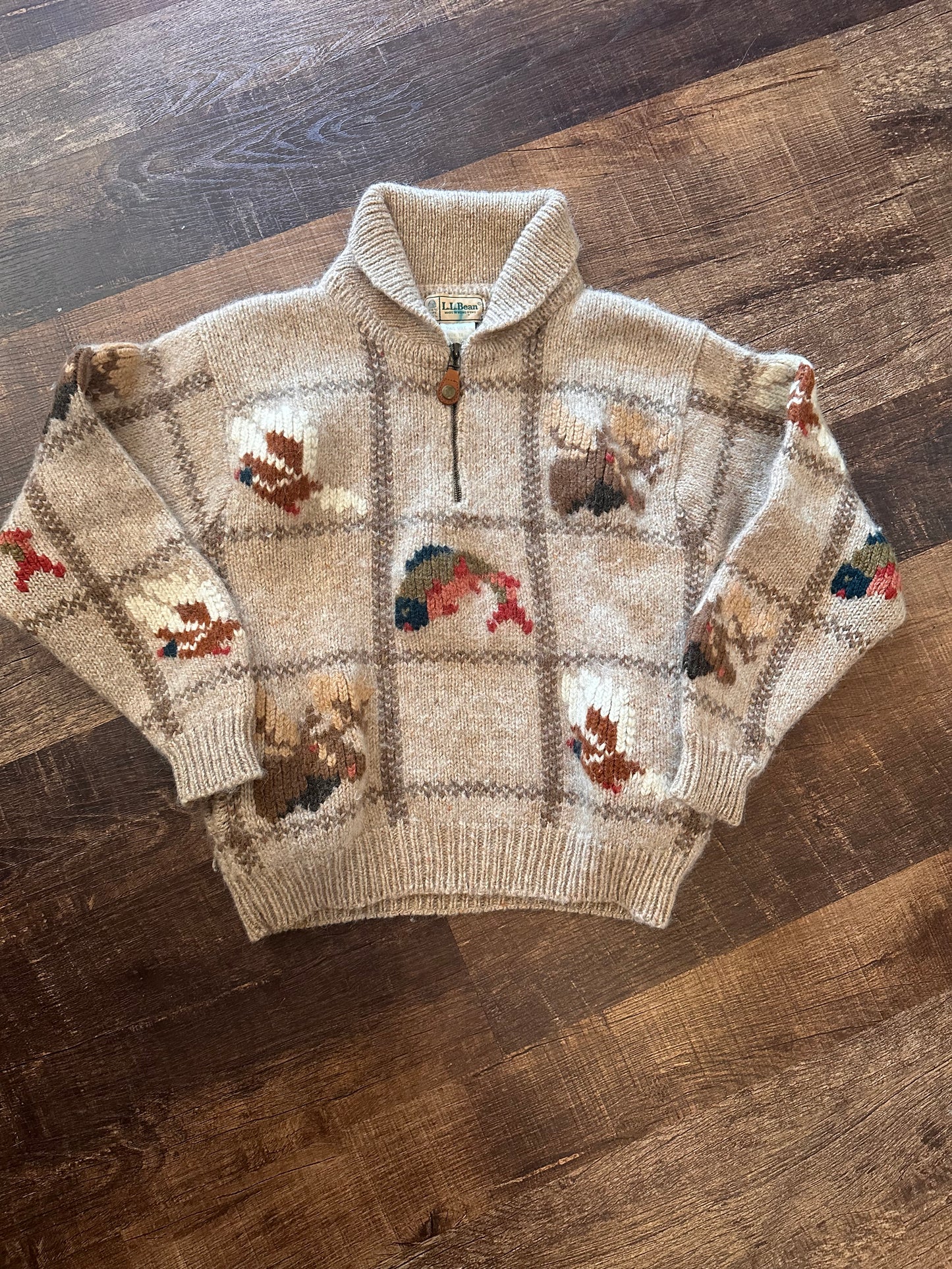 Vintage Highly Sought L.L. Bean Knit Sweater (S) Trout Moose Pheasant Motif - Beige