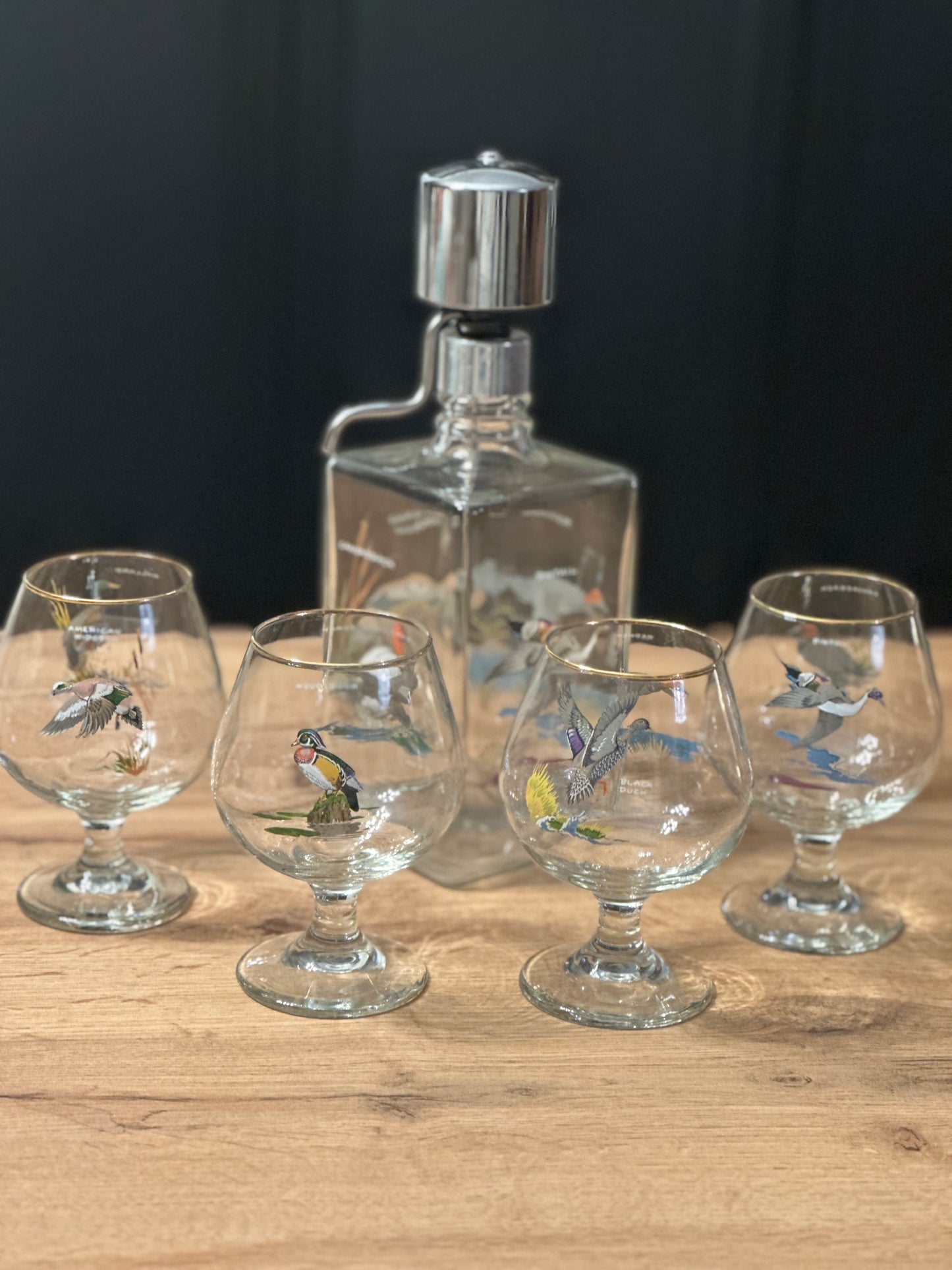 Vintage Rare Ned Smith Snifters (4) and Decanter - Waterfowl Edition