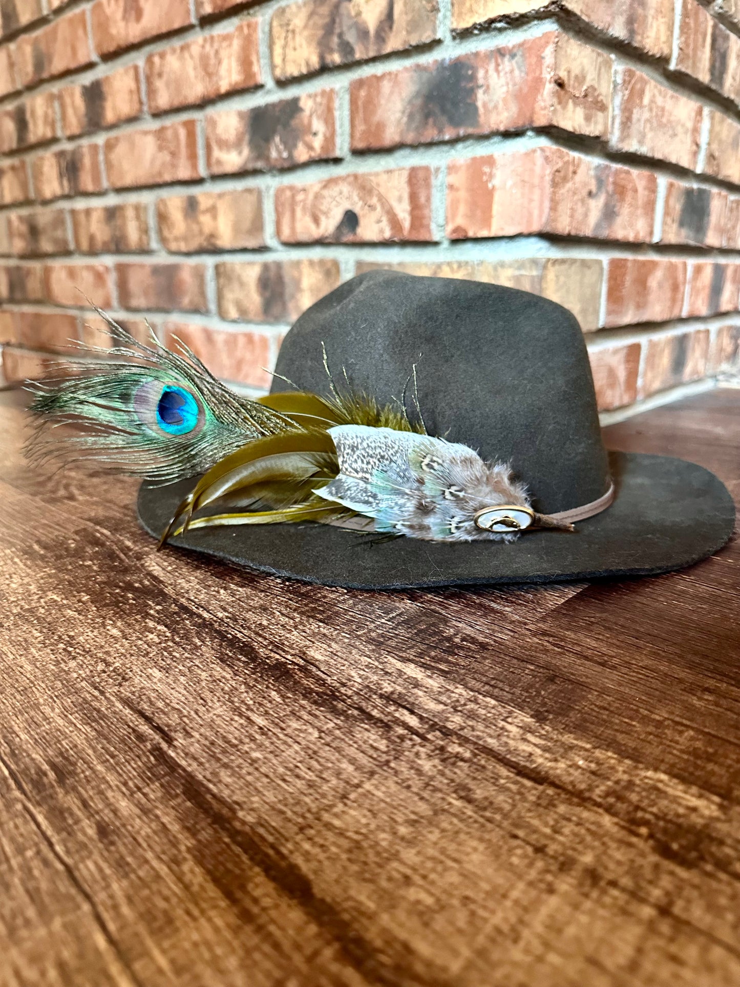 Hand Crafted Game Feathers Hat Pin with Gold Trout and Mother of Pearl Accent