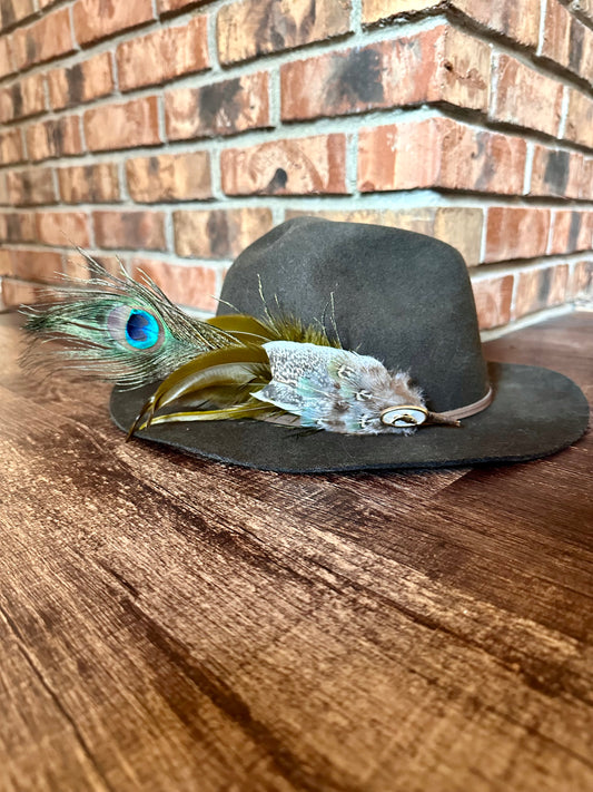 Hand Crafted Game Feathers Hat Pin with Gold Trout and Mother of Pearl Accent