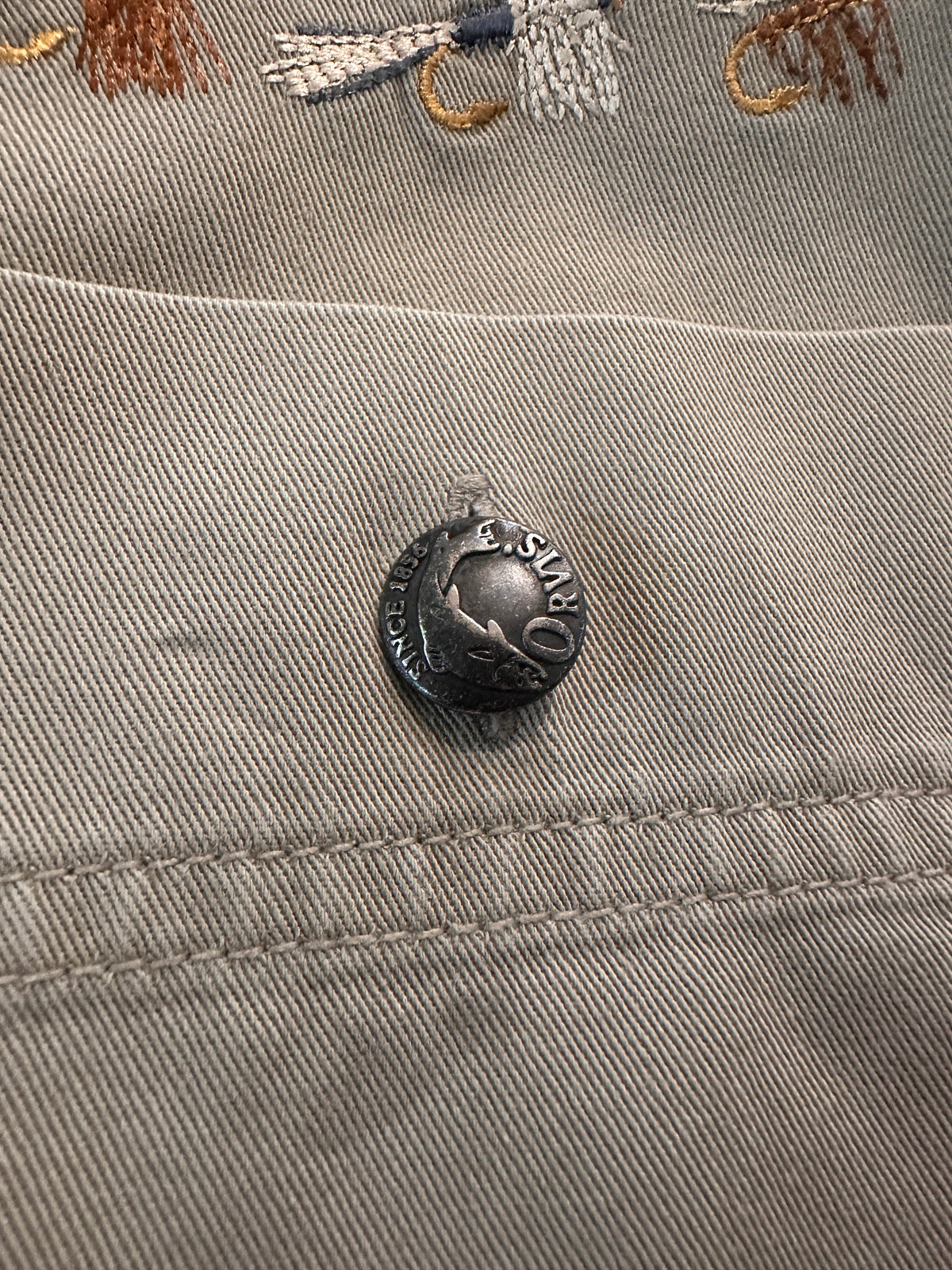 Vintage Orvis Khaki Button Down (L) Embroidered Flies and Metal Logo Buttons