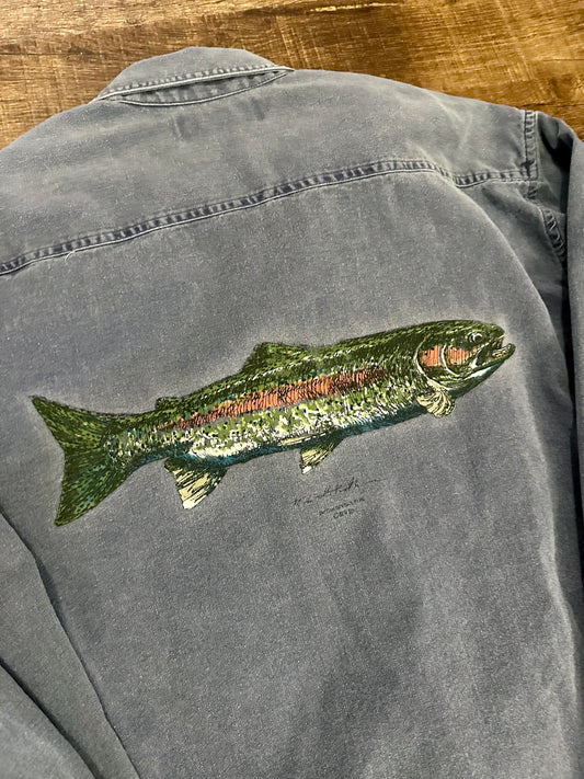 Vintage Orvis Button Down (L) Embroidered Logo and Painted Trout Back - Blue