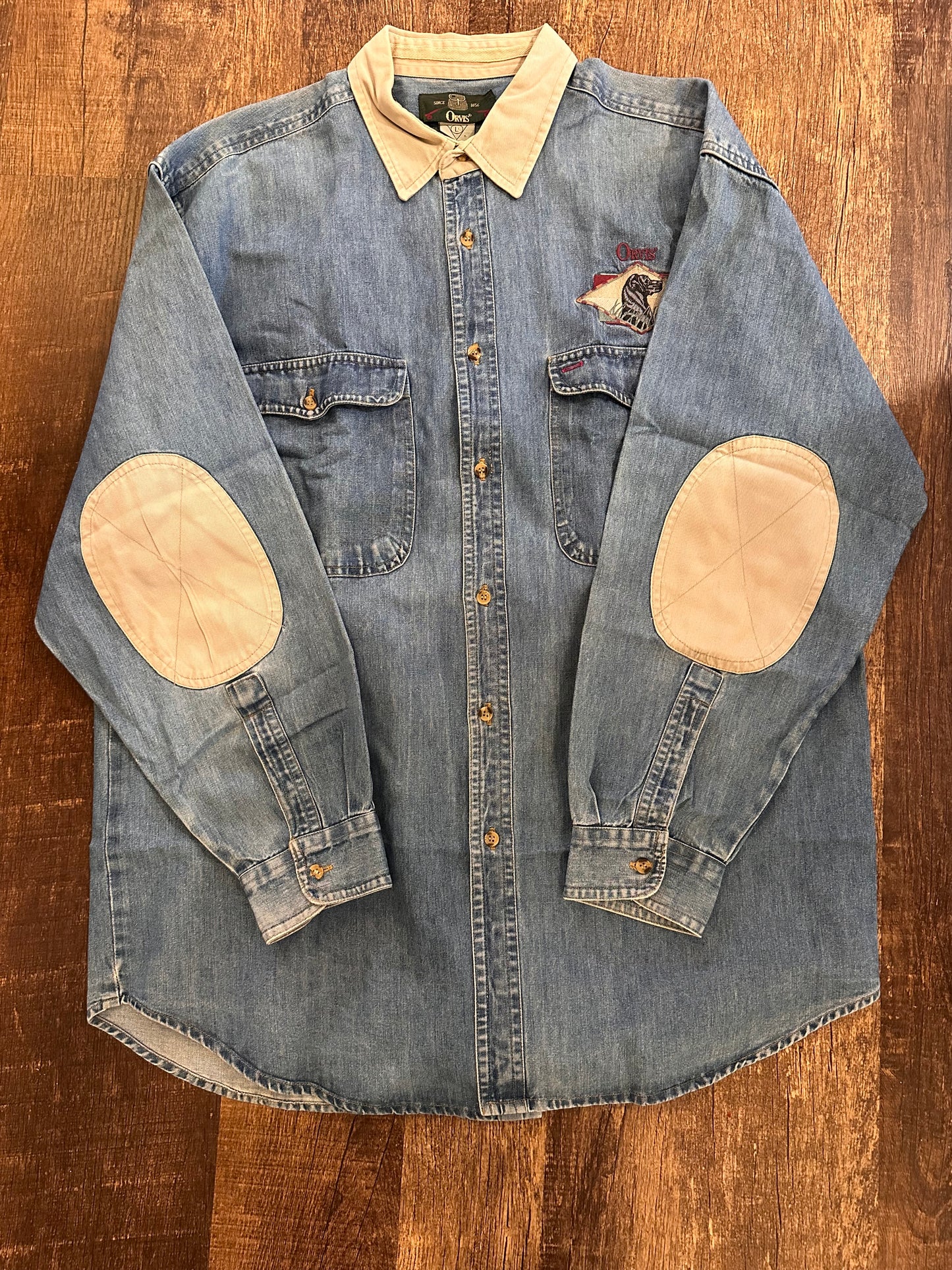 Vintage Orvis Denim Button Down (L) Embroidered Lab with Elbow Patches