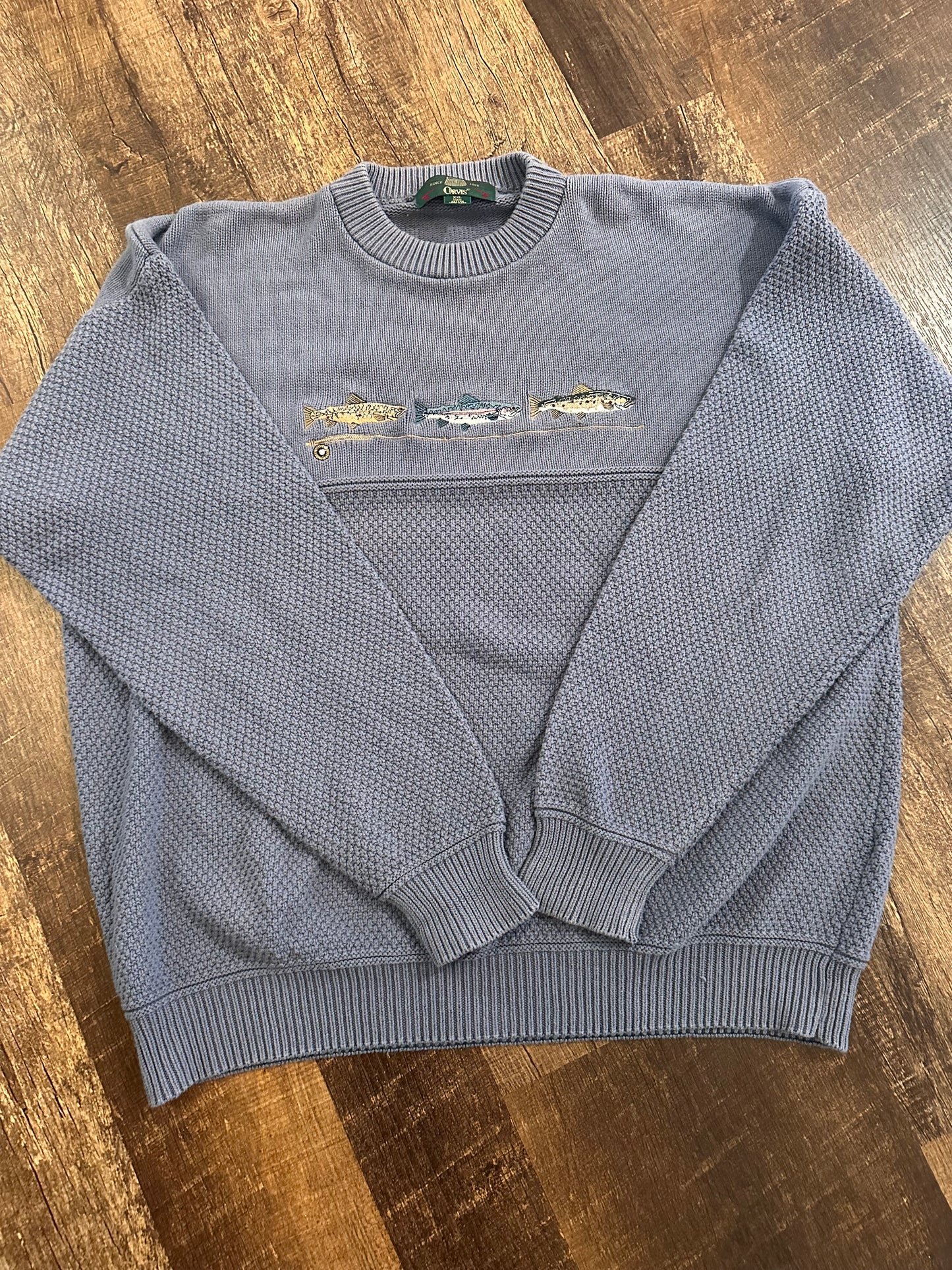 Vintage Orvis Sweater (XXL) Embroidered Three Trout & Rod- Periwinkle