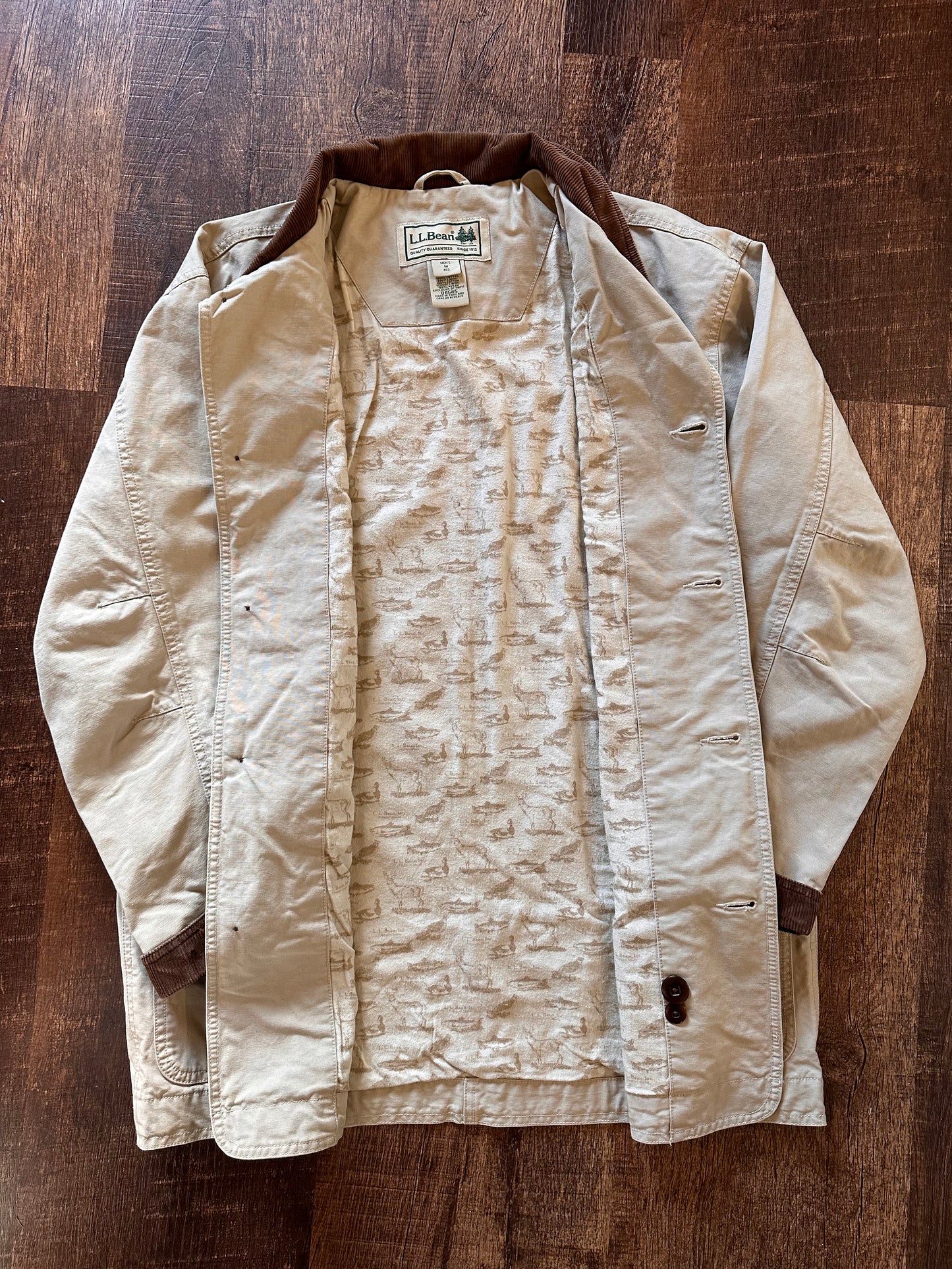 Vintage L.L. Bean Chore Coat (M) Trout Deer Duck Lining Fish Hunt Camp - Cream/Gray