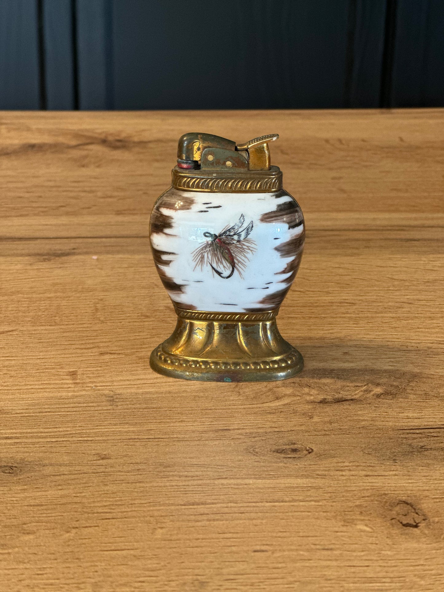 Vintage 1950s Evans Porcelain and Brass Fly Fishing Table Lighter 3.5”