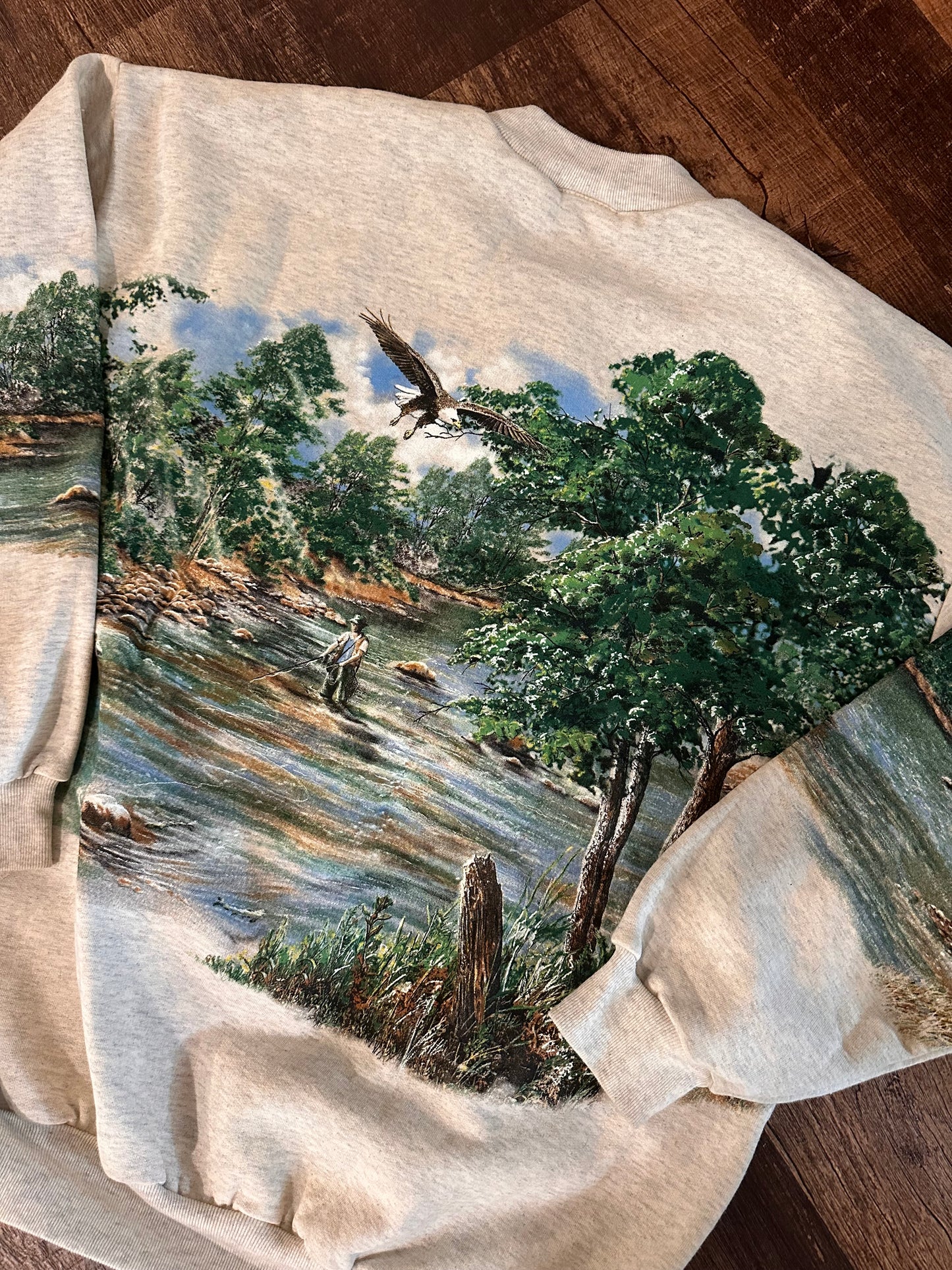 Vintage Art Unlimited Henley Crewneck (XL) Fly Fishing Scene