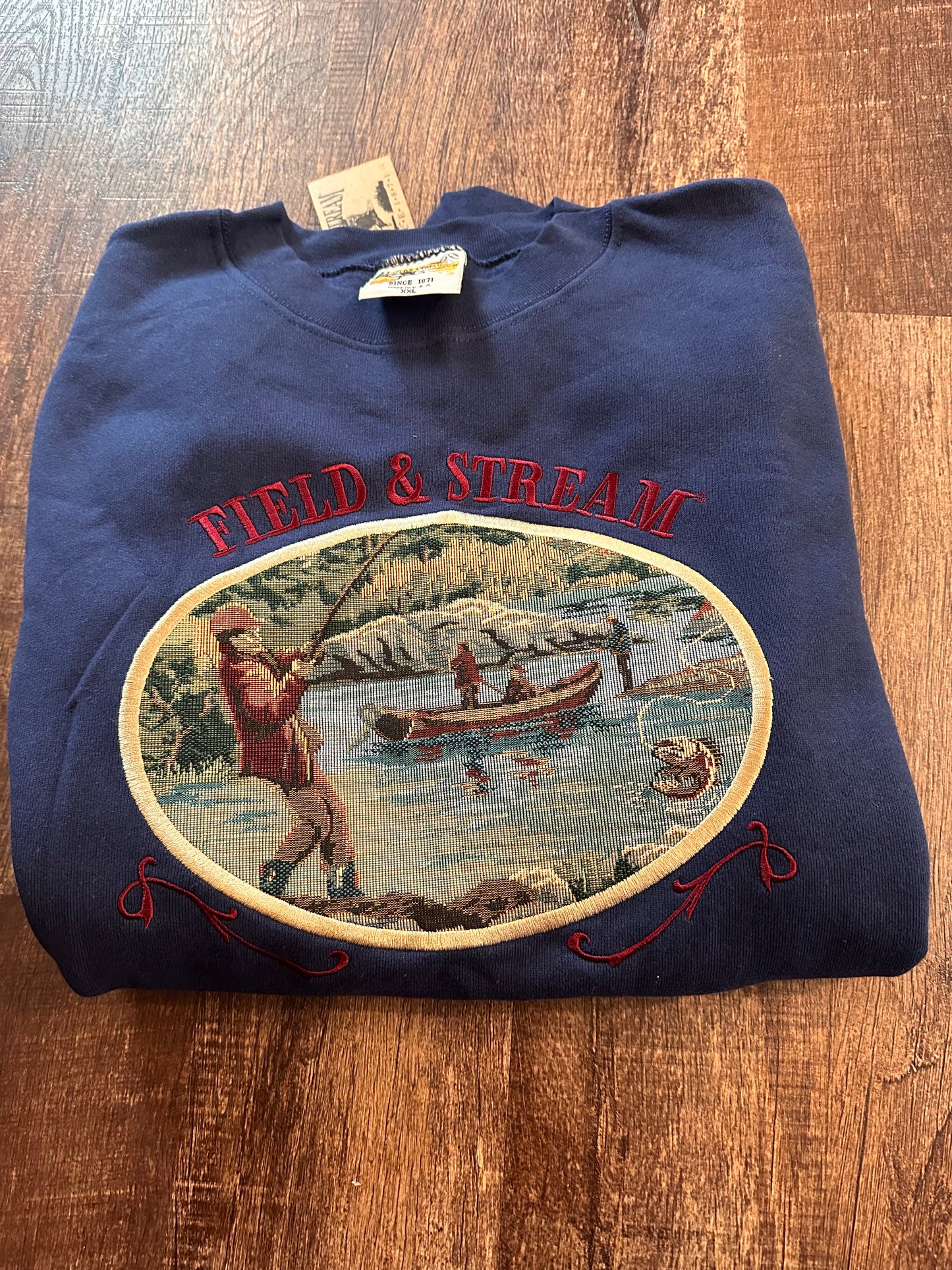 Rare Vintage Field & Stream Crewneck (XXL) Fishing Drift Boat Tapestry Scene - Navy