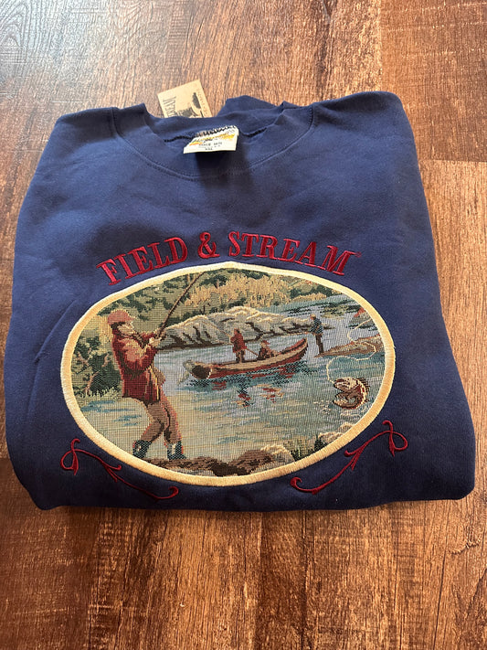 Rare Vintage Field & Stream Crewneck (XXL) Fishing Drift Boat Tapestry Scene - Navy