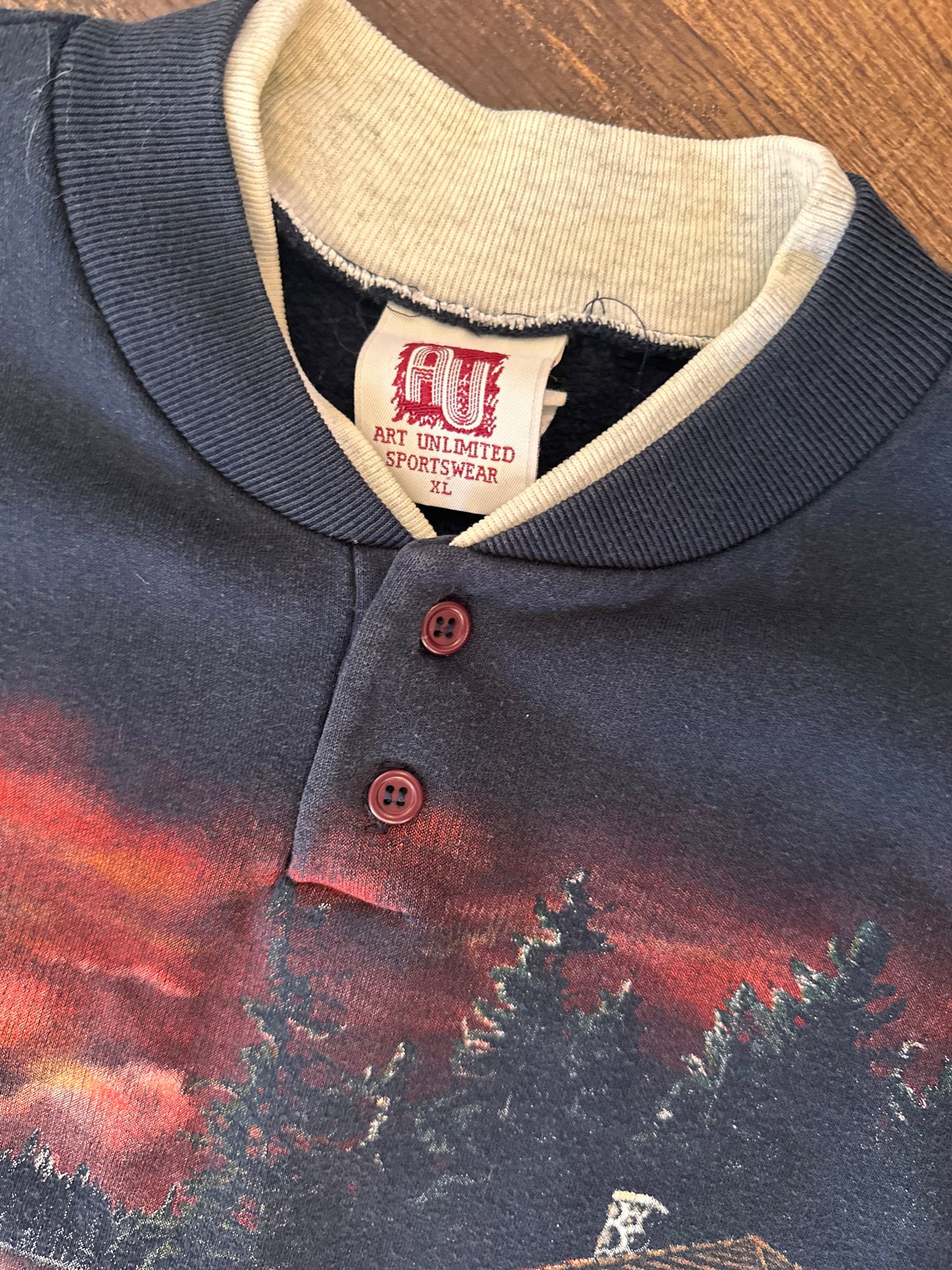 Vintage AU Art Unlimited Henley Crewneck (XL) Fishing Lures Cabin Boat Scene - Black