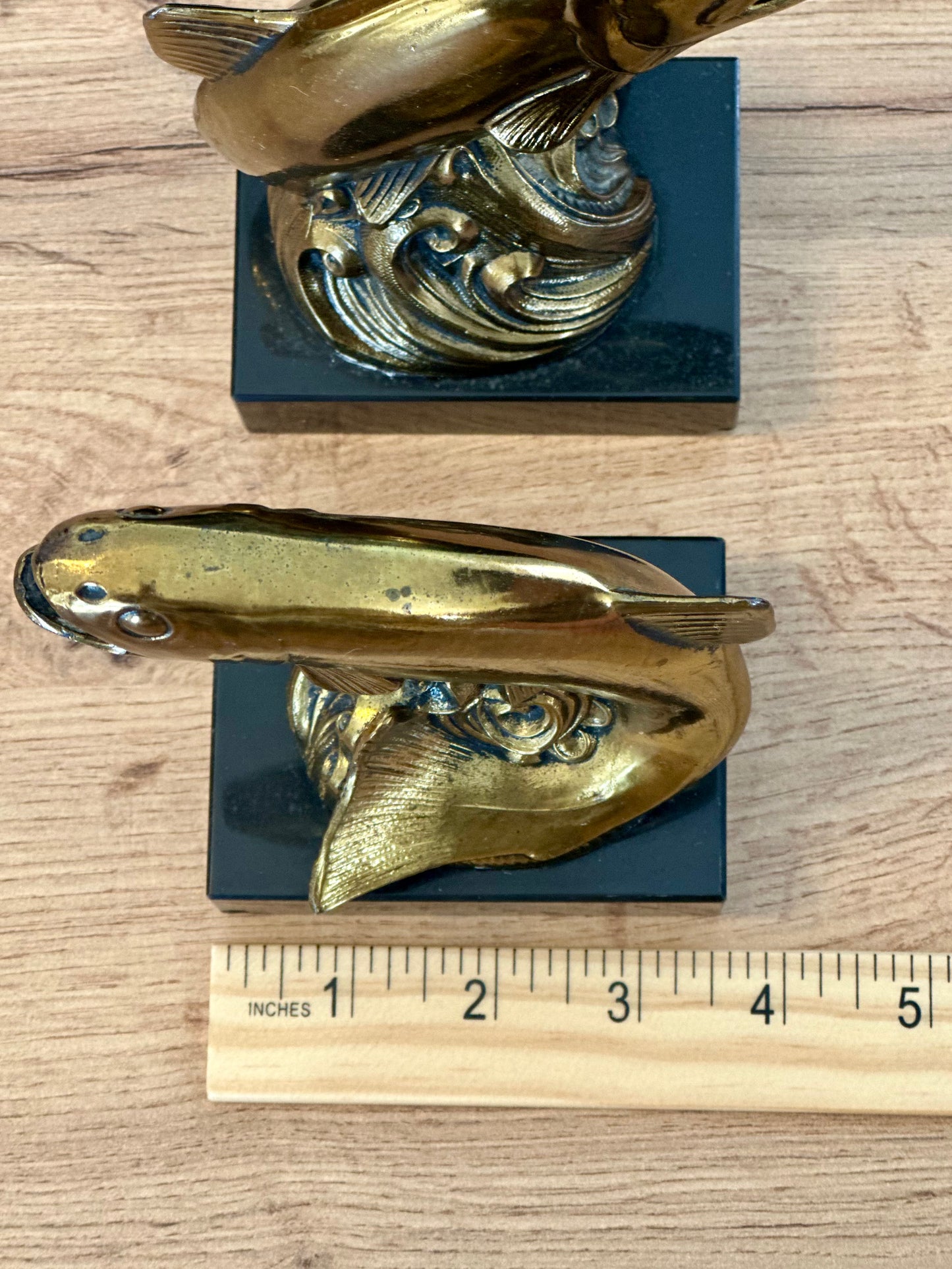 Vintage Metal Gold and Onyx Trout Bookends