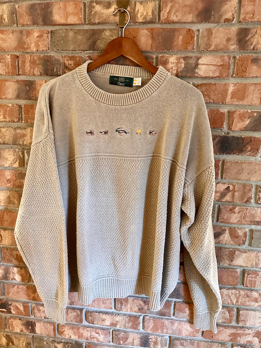 Vintage Orvis Sweater (L) Embroidered Fly Beige Tan