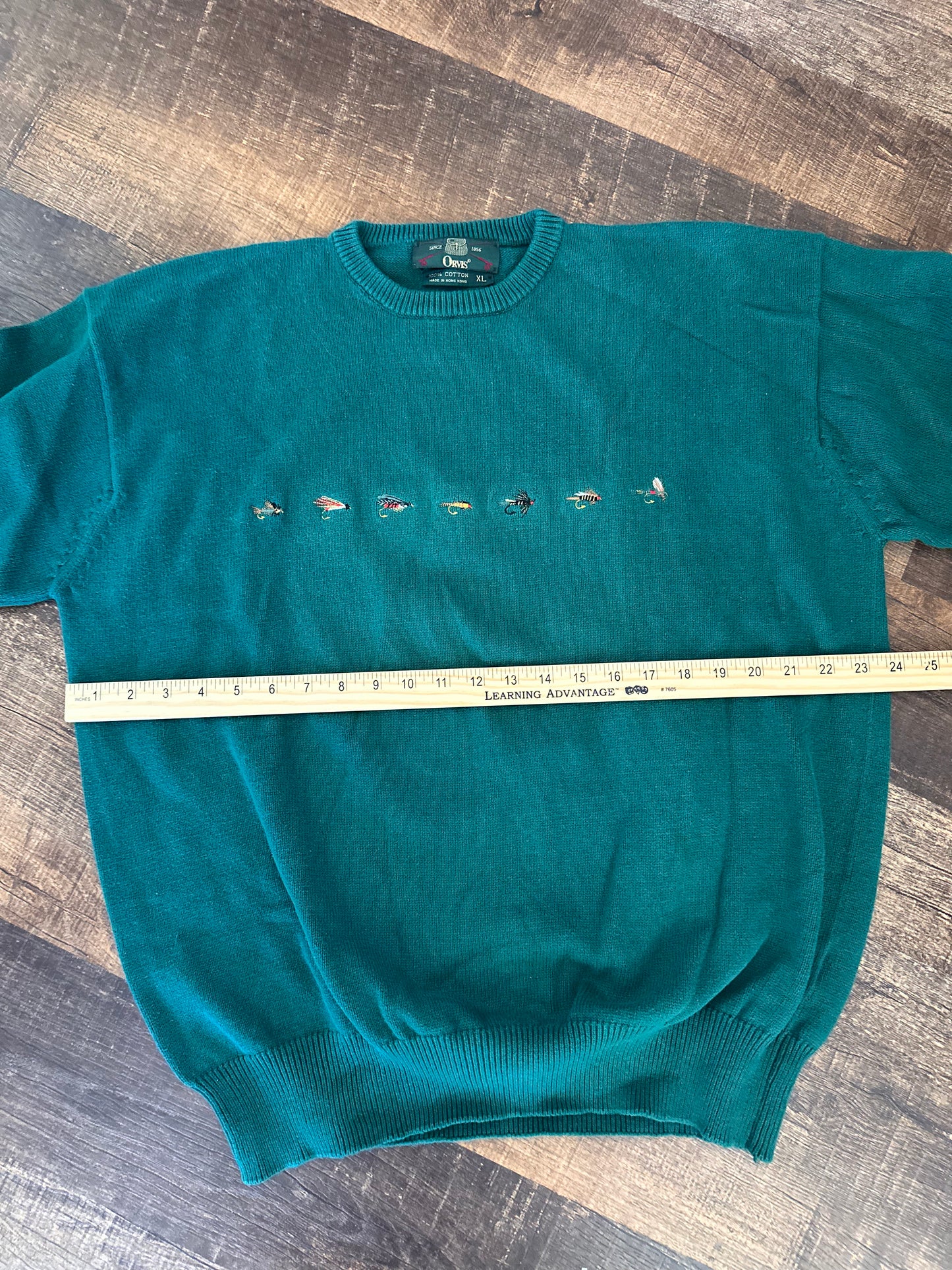 Rare Vintage Orvis Crewneck Sweater (XL) 7 Embroidered Flies - Green