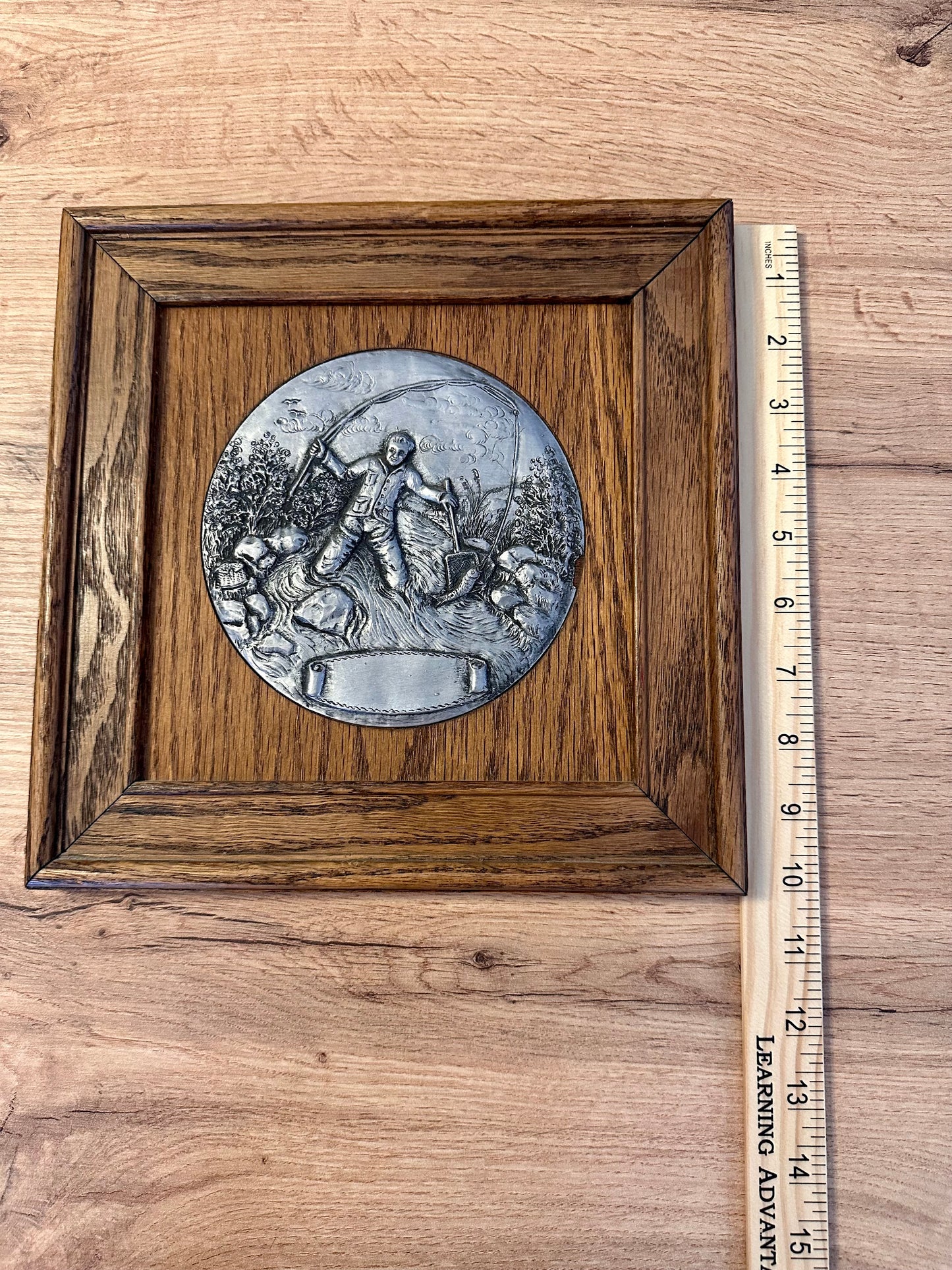 Vintage Pewter Relief Art Plate Mounted on Wood Frame - Fly Fishing Scene