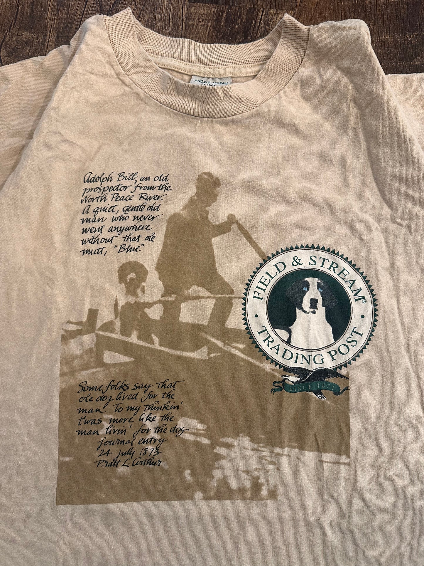 Vintage Field and Stream Tshirt (XL) Trading Post Man’s Best Friend - Tan