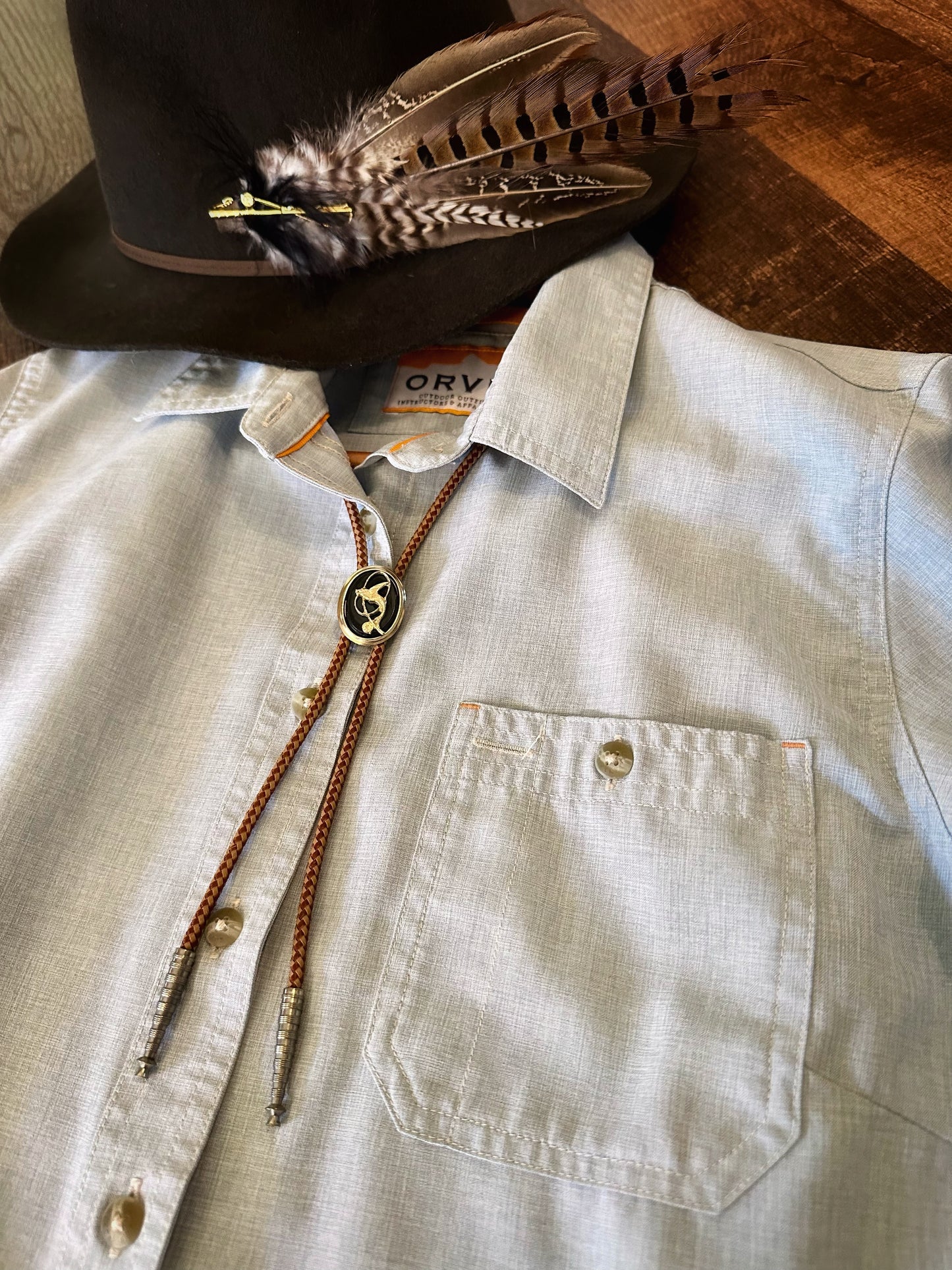 Hand Crafted Game Feathers Hat Pin with Gold Fly Rod Accent