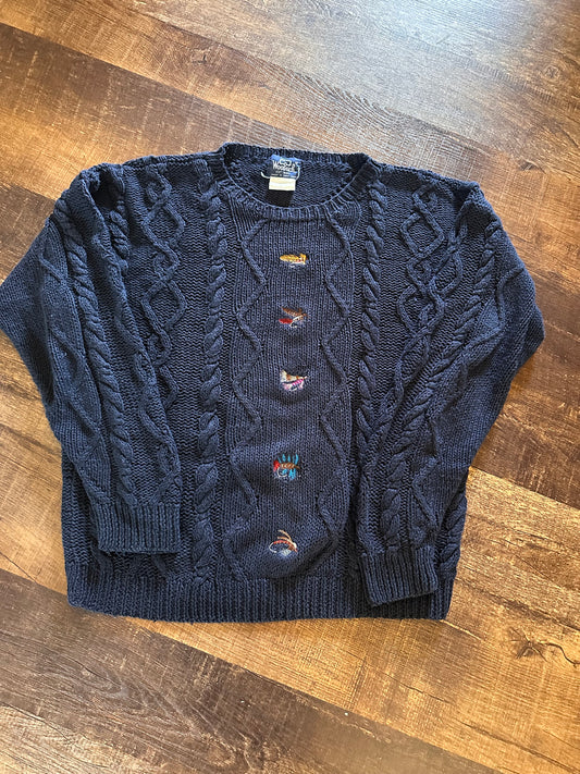Vintage Woolrich Sweater (L) Embroidered Flies - Navy