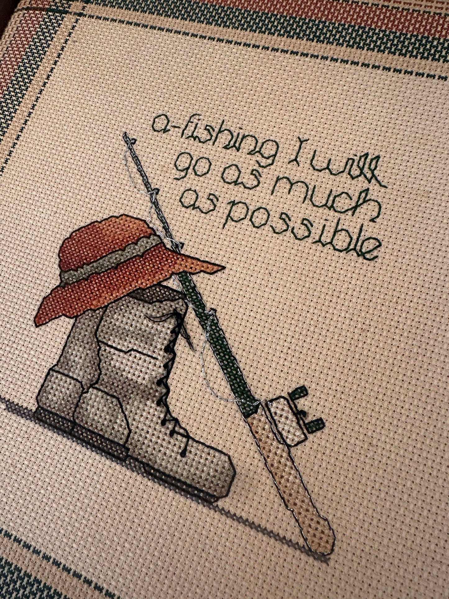 Vintage Cross Stitch Plaid Padded Cross Frame “A Fishing I Will Go”