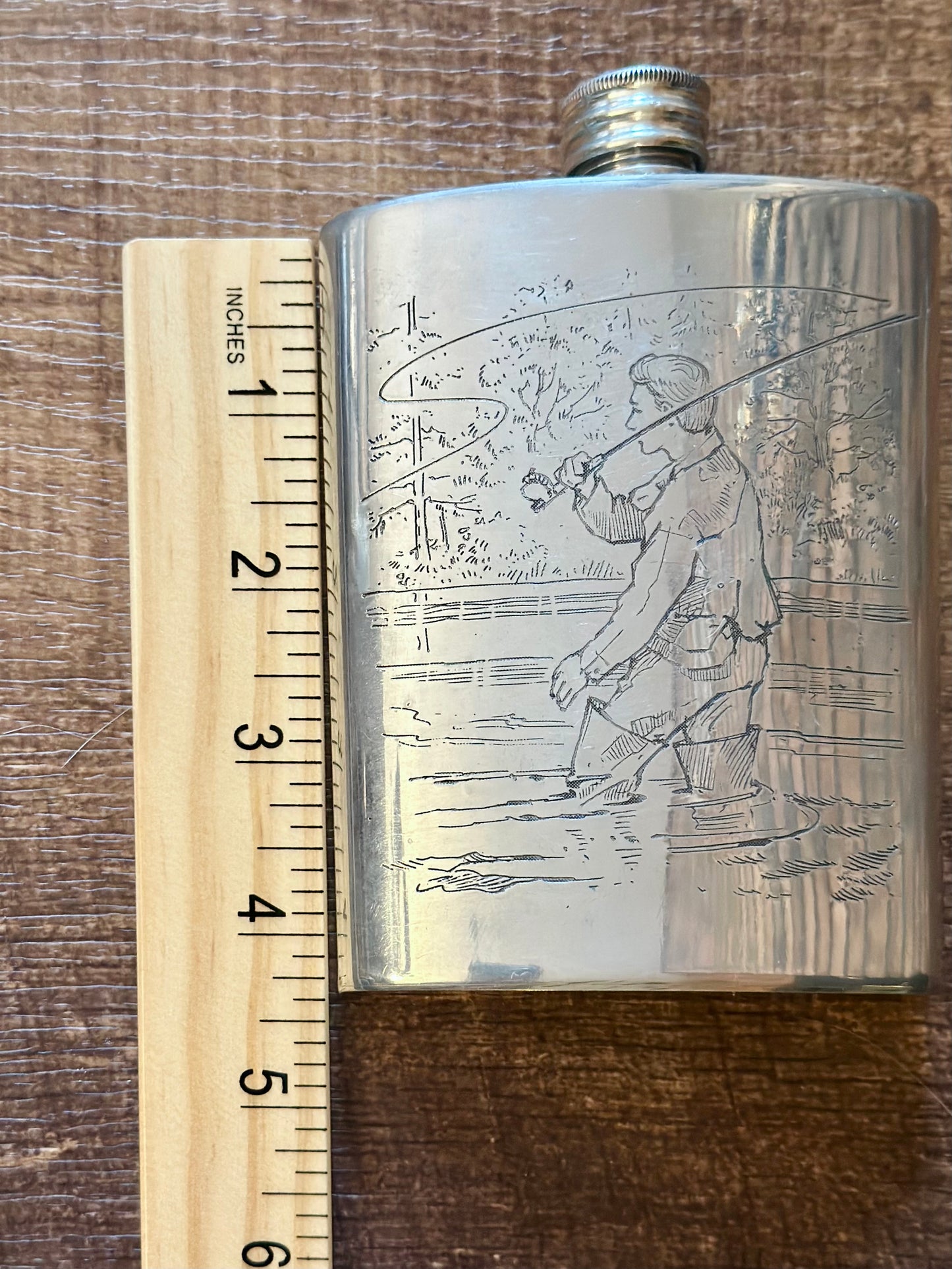 Vintage Comoy’s Pewter English Flask - Engraved Fly Fishing Scenes