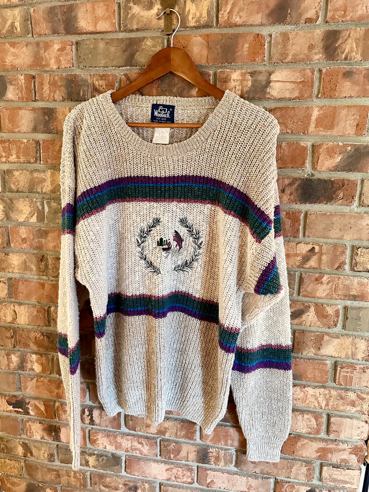 Vintage Woolrich Sweater (XL) Embroidered Drift Boat Trout Scene