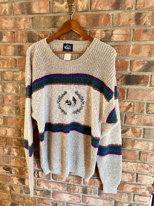 Vintage Woolrich Sweater (XL) Embroidered Drift Boat Trout Scene
