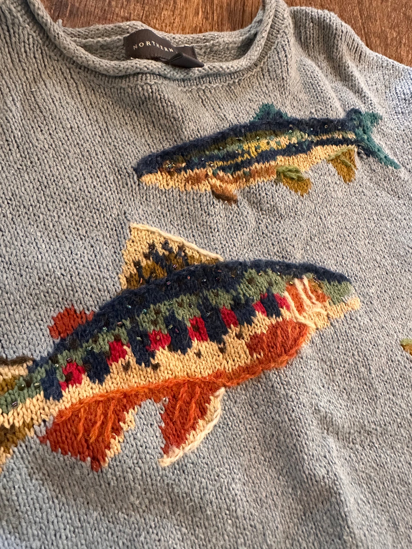 Vintage Rare Northern Isles Sweater (S) Hand Knit with Beading - Light Blue