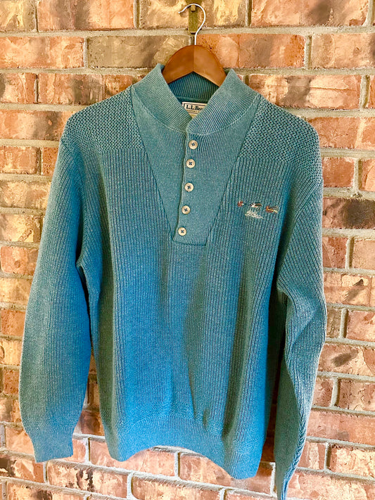 Vintage L.L. Bean Henley Sweater (M) Embroidered Fly Lures Green