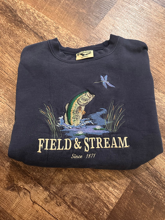 Vintage Field & Stream Crewneck (L) Embroidered Fishing Scene