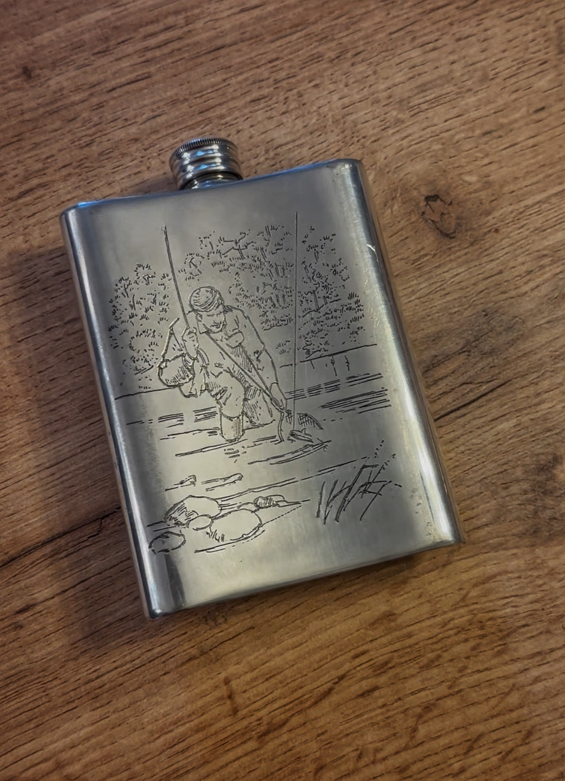 Vintage Comoy’s Pewter English Flask - Engraved Fly Fishing Scenes